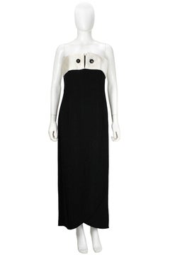 1990s Giorgio Armani Black Crepe Wool Strapless Gown with White Satin Trim