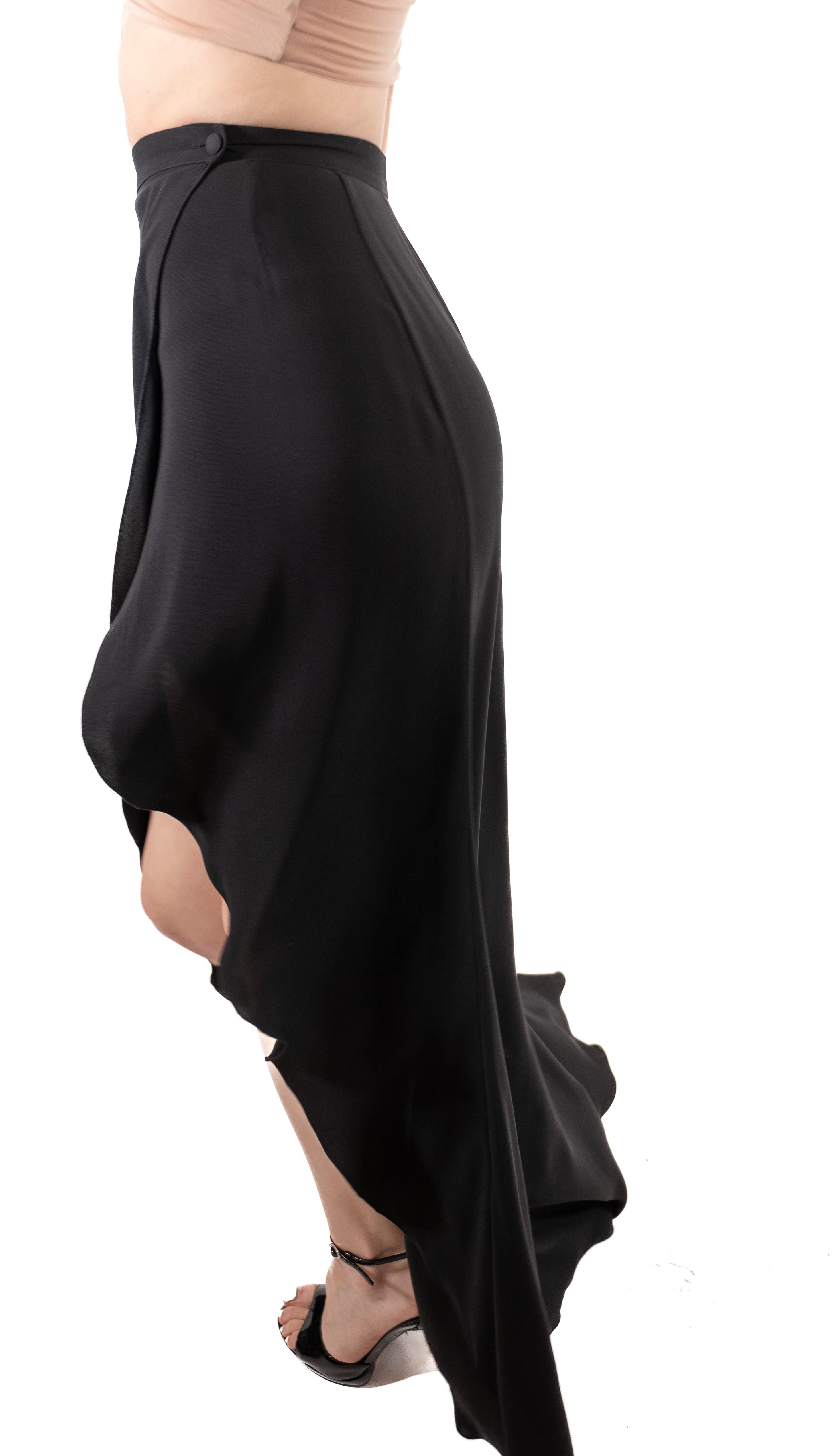 1990S Giorgio Armani Black Silk Crepe De Chine High-Low Wrap Skirt For Sale 4