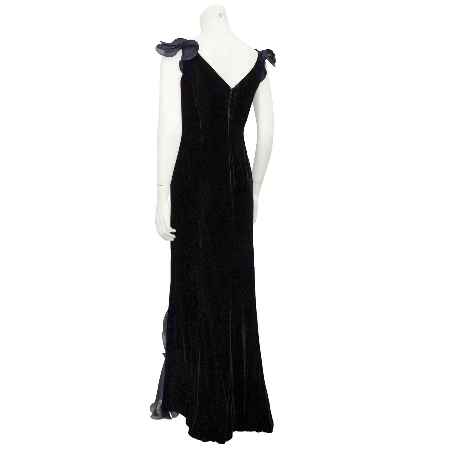 1990s Giorgio Armani Black Velvet Gown with Cascading Layered Chiffon In Good Condition For Sale In Toronto, Ontario