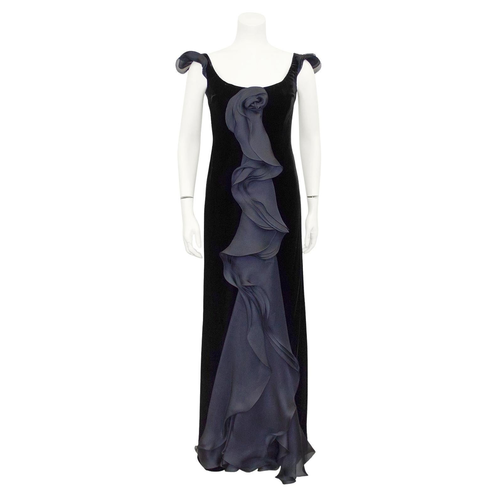1990s Giorgio Armani Black Velvet Gown with Cascading Layered Chiffon For Sale