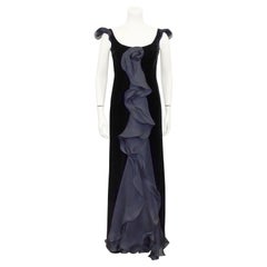 Retro 1990s Giorgio Armani Black Velvet Gown with Cascading Layered Chiffon