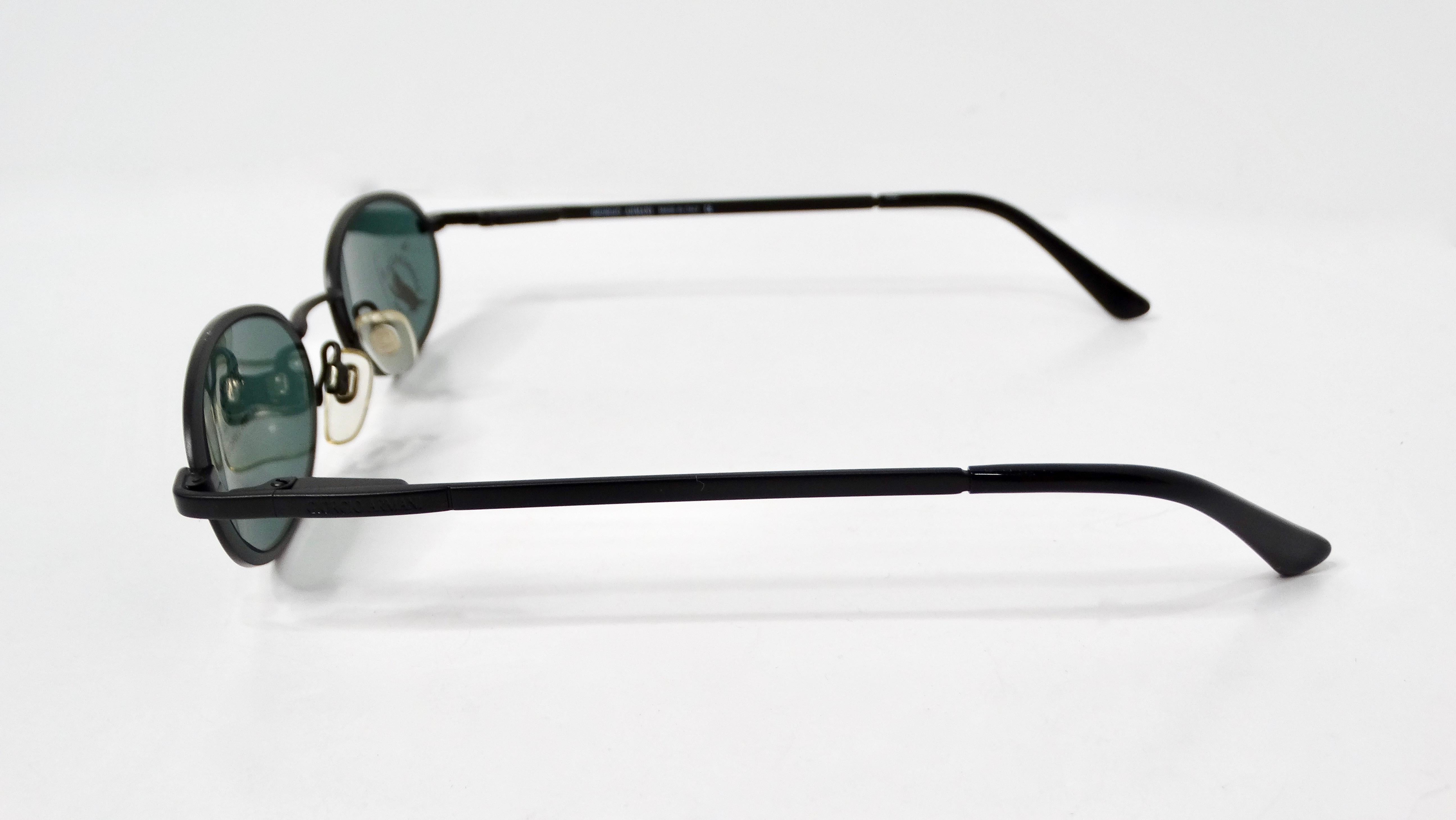 1990s Giorgio Armani Blue Tinted Black Metal Skinny Oval Sunglasses In Good Condition For Sale In Scottsdale, AZ