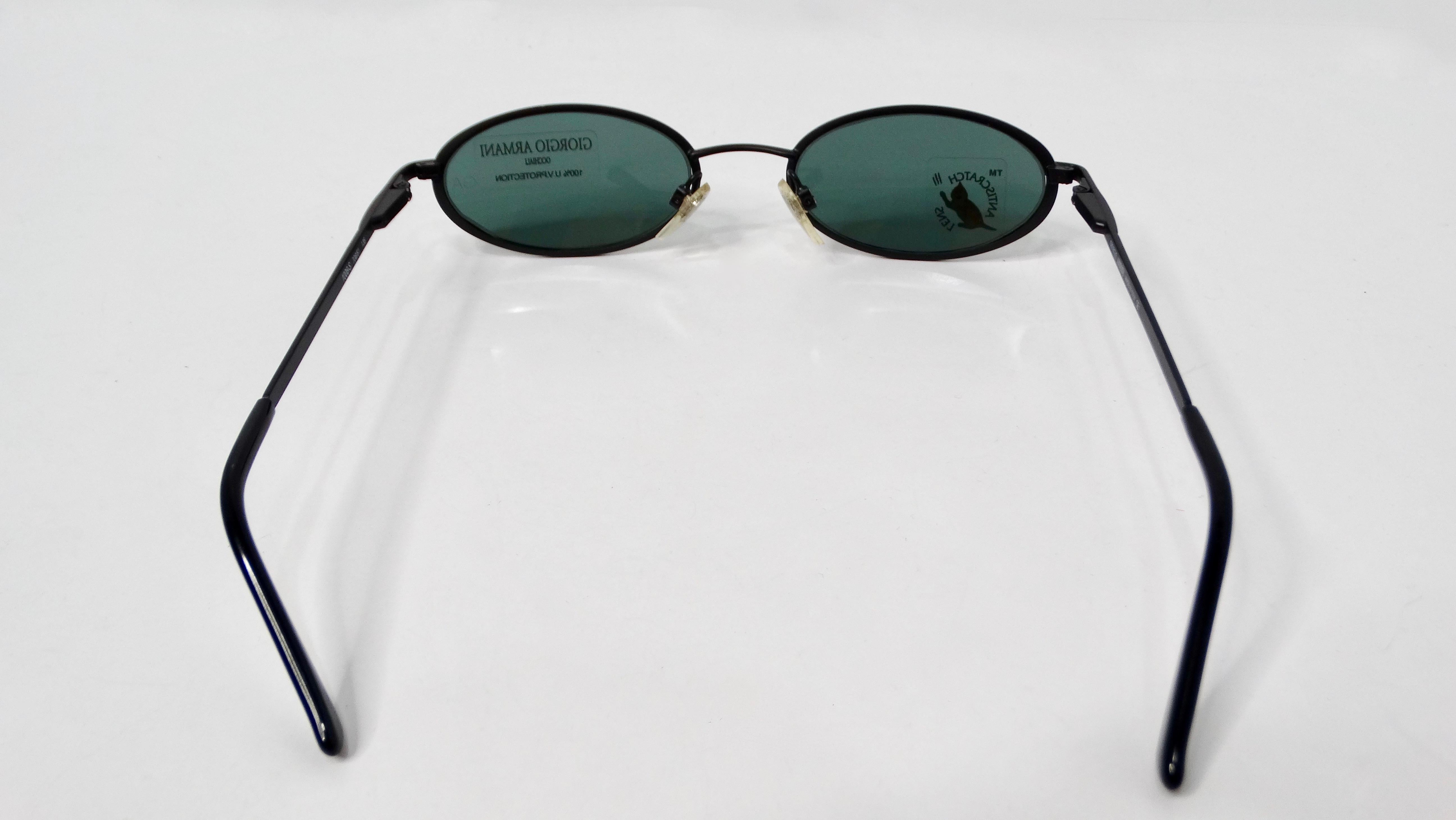 Women's or Men's 1990s Giorgio Armani Blue Tinted Black Metal Skinny Oval Sunglasses For Sale