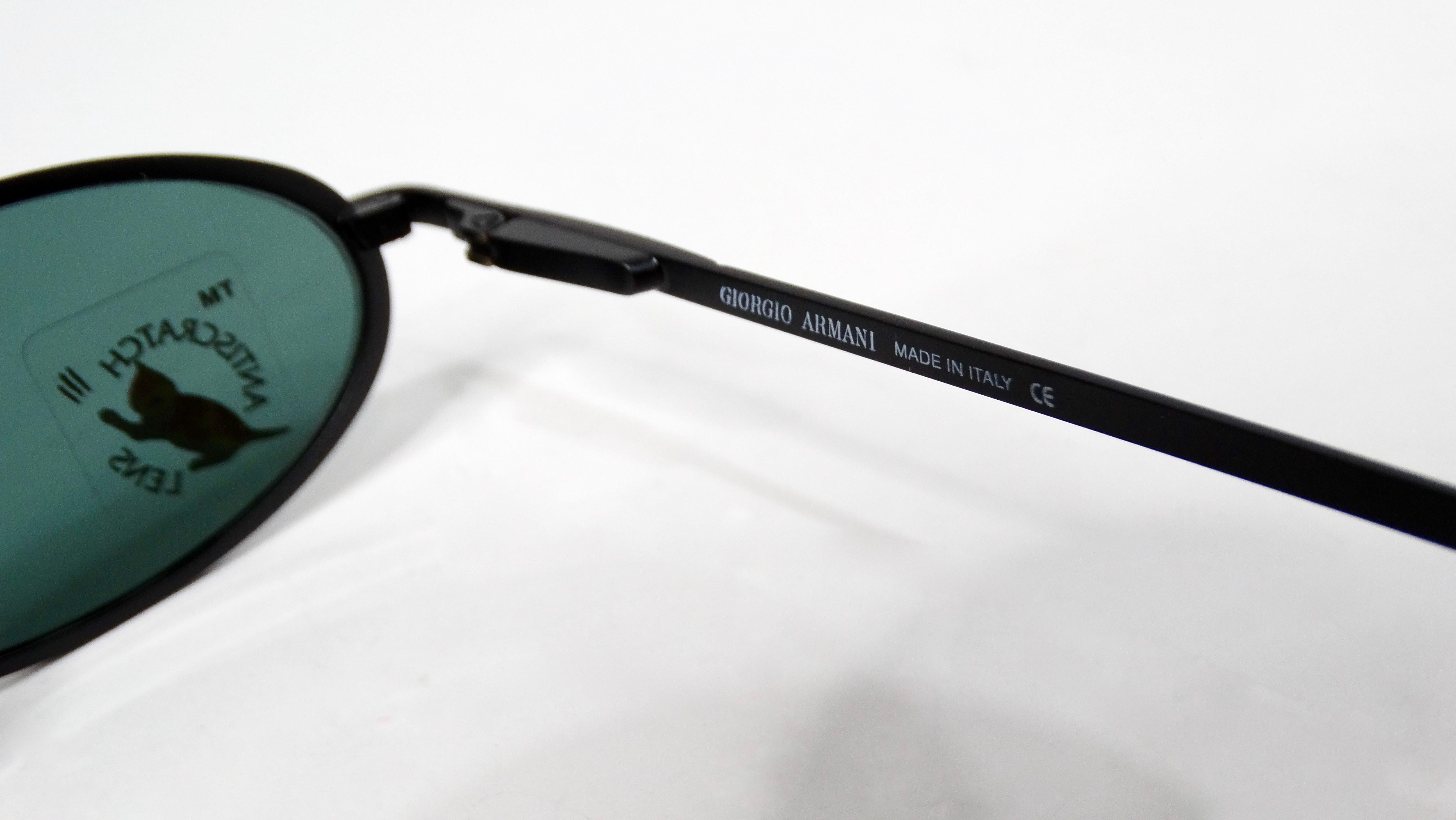 1990s Giorgio Armani Blue Tinted Black Metal Skinny Oval Sunglasses For Sale 2