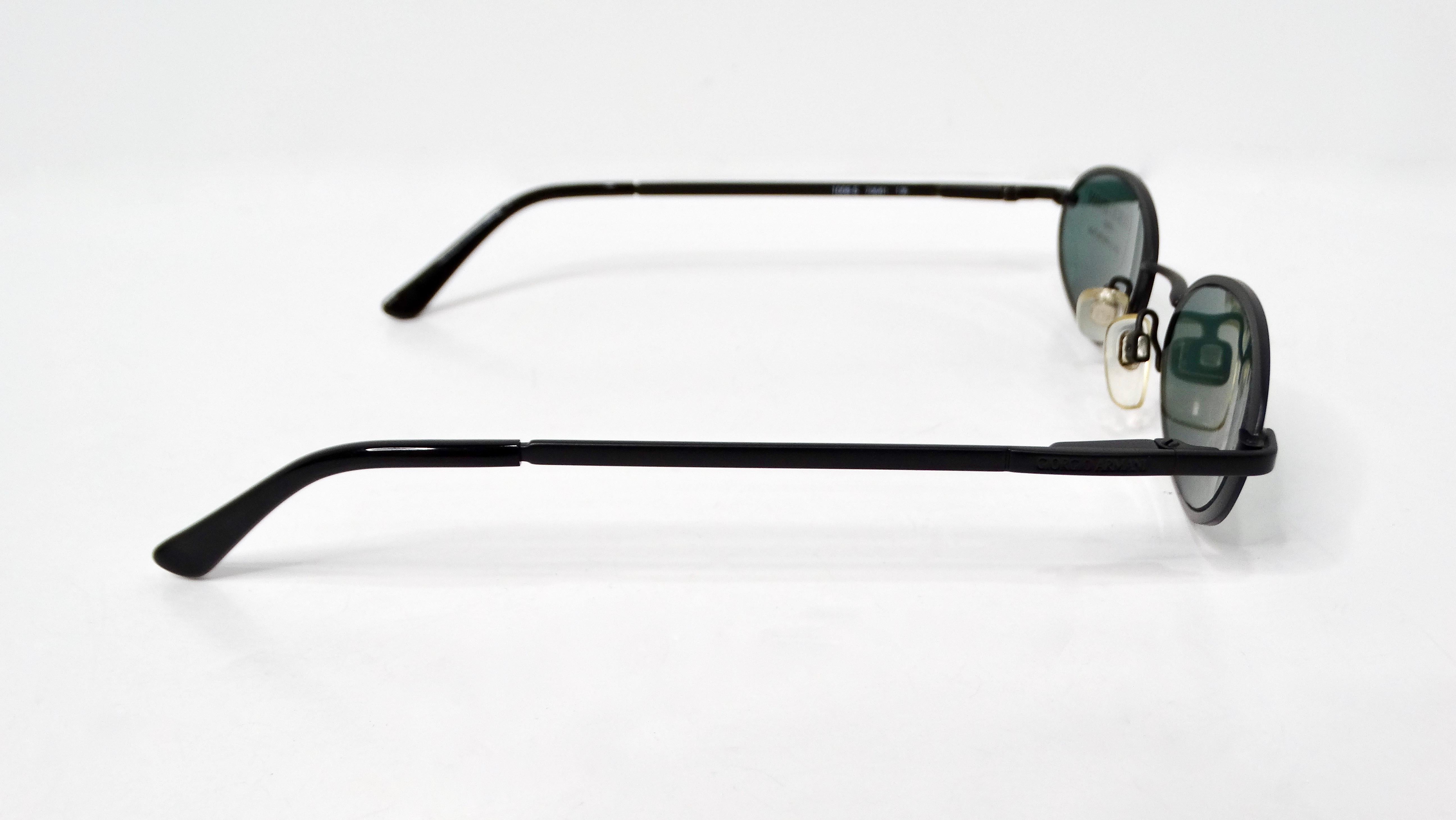 1990s Giorgio Armani Blue Tinted Black Metal Skinny Oval Sunglasses For Sale 3