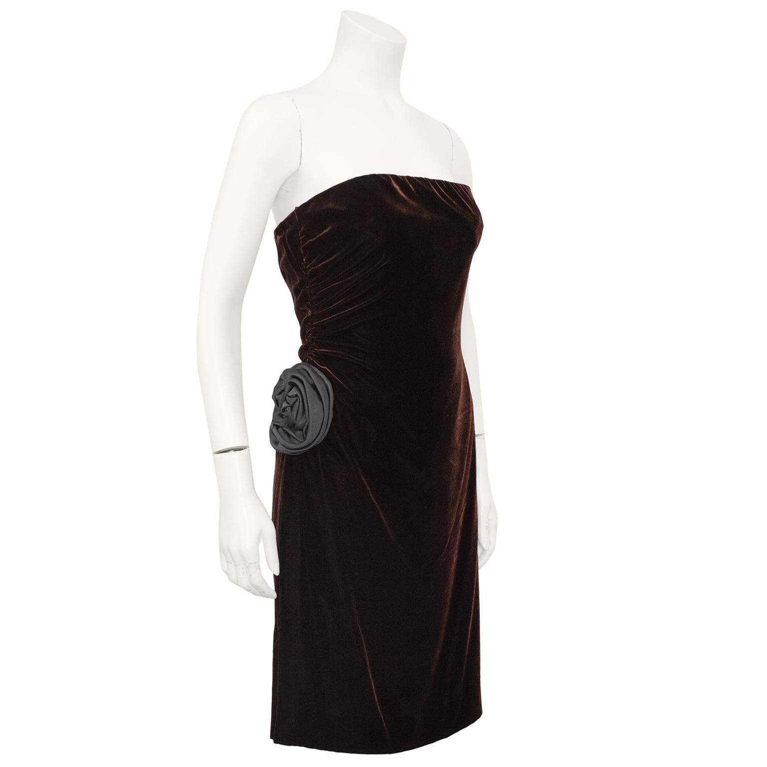 Rich, deep and sexy Giorgio Armani chocolate brown cut velvet cocktail dress from the 1990s. Strapless with ruching on the left side seam with a dark grey silk rosette applique at the left hip. Full interior corset, so the dress fits snug and lays