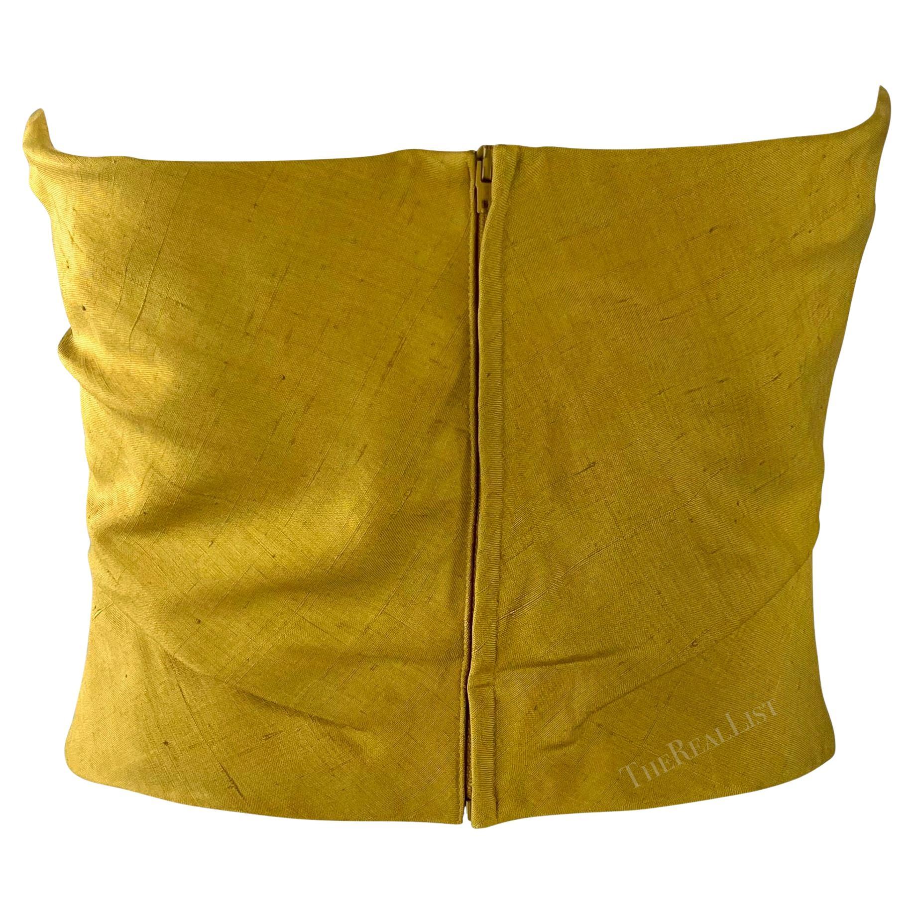 Women's 1990s Giorgio Armani Folded Corset Boned Strapless Bustier Yellow Silk Crop Top For Sale