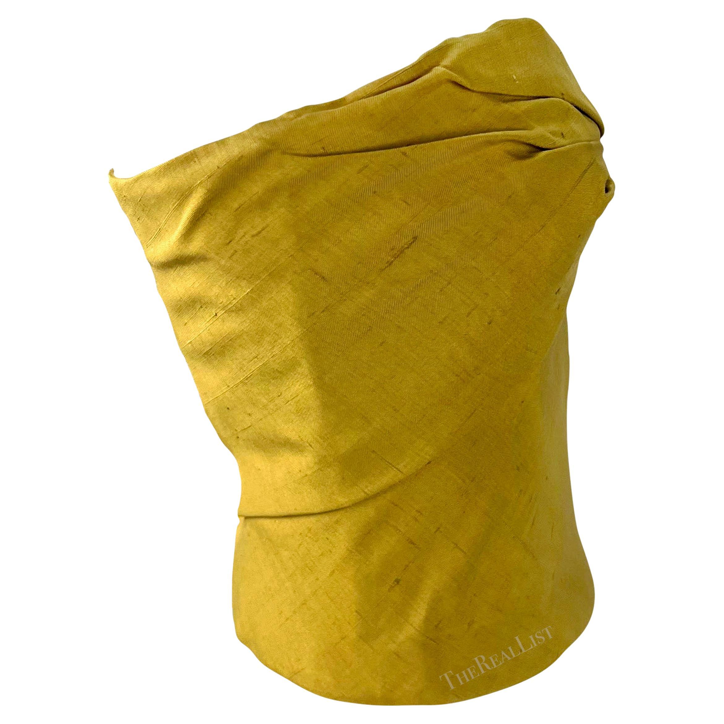 1990s Giorgio Armani Folded Corset Boned Strapless Bustier Yellow Silk Crop Top For Sale 1