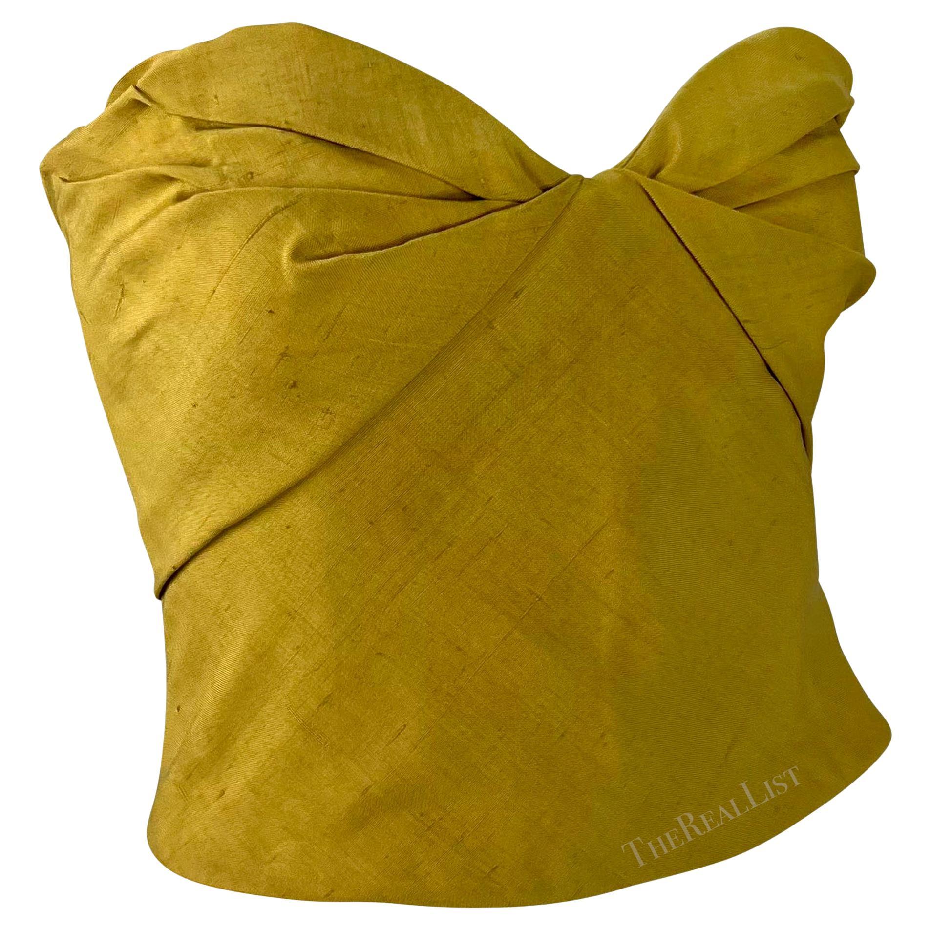 1990s Giorgio Armani Folded Corset Boned Strapless Bustier Yellow Silk Crop Top For Sale 2