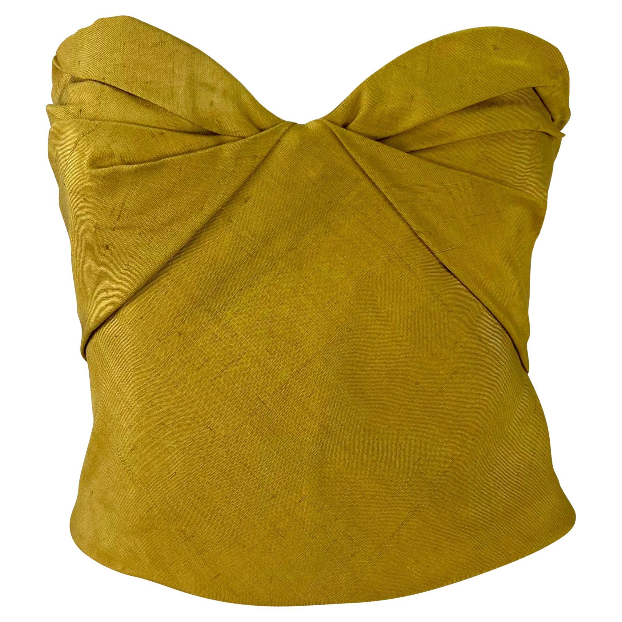 1990s Giorgio Armani Folded Corset Boned Strapless Bustier Yellow Silk Crop Top For Sale
