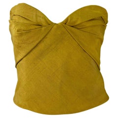 Retro 1990s Giorgio Armani Folded Corset Boned Strapless Bustier Yellow Silk Crop Top