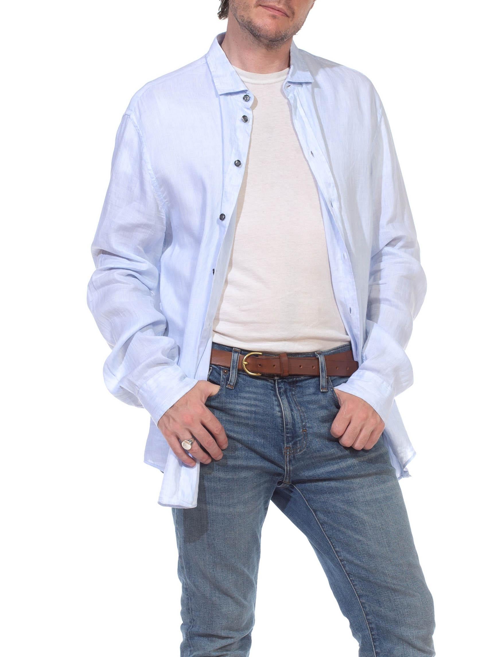 Men's 1990S GIORGIO ARMANI Light Blue Cotton Mens LS Shirt For Sale