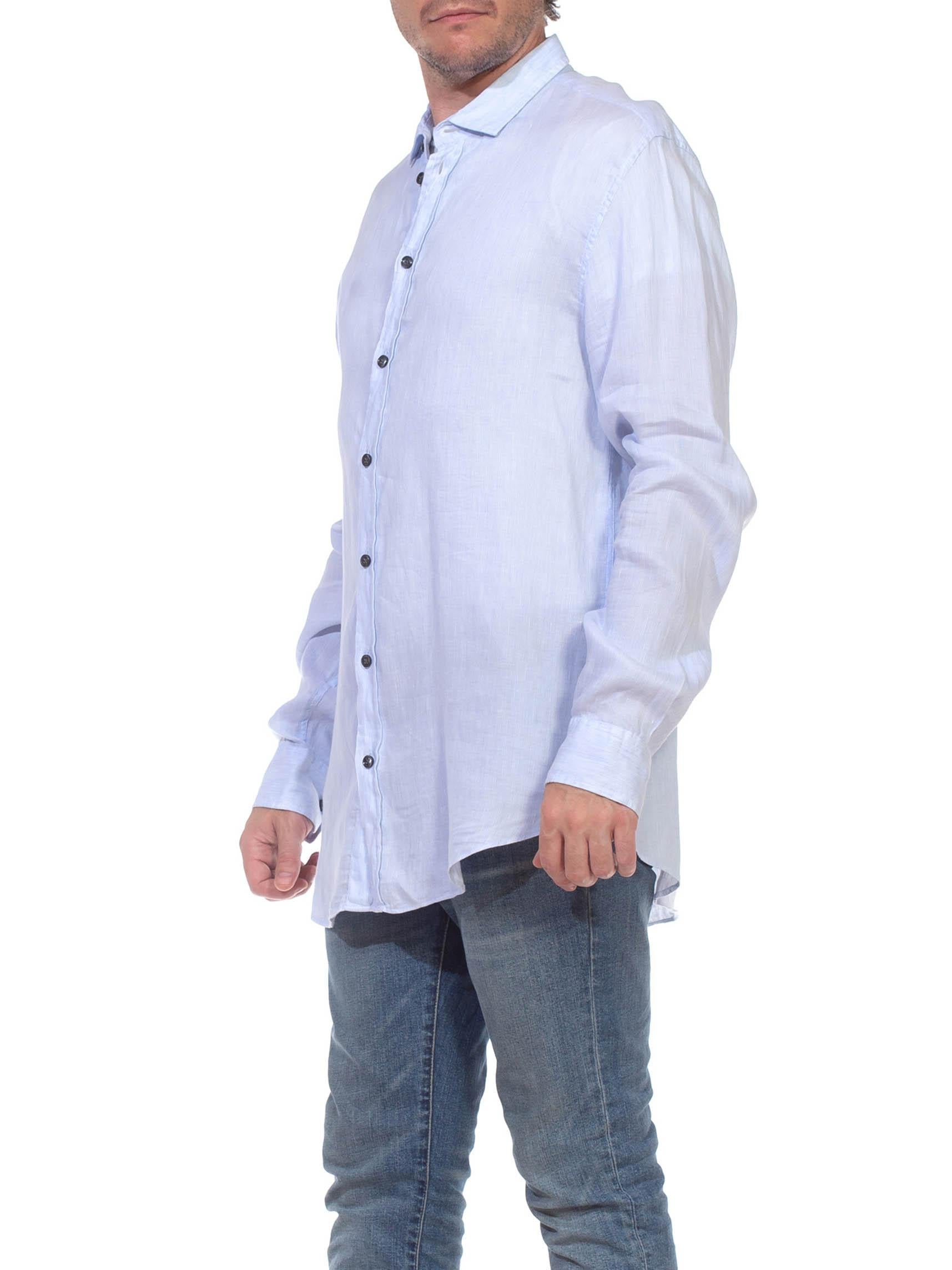 1990S GIORGIO ARMANI Light Blue Cotton Mens LS Shirt For Sale 2