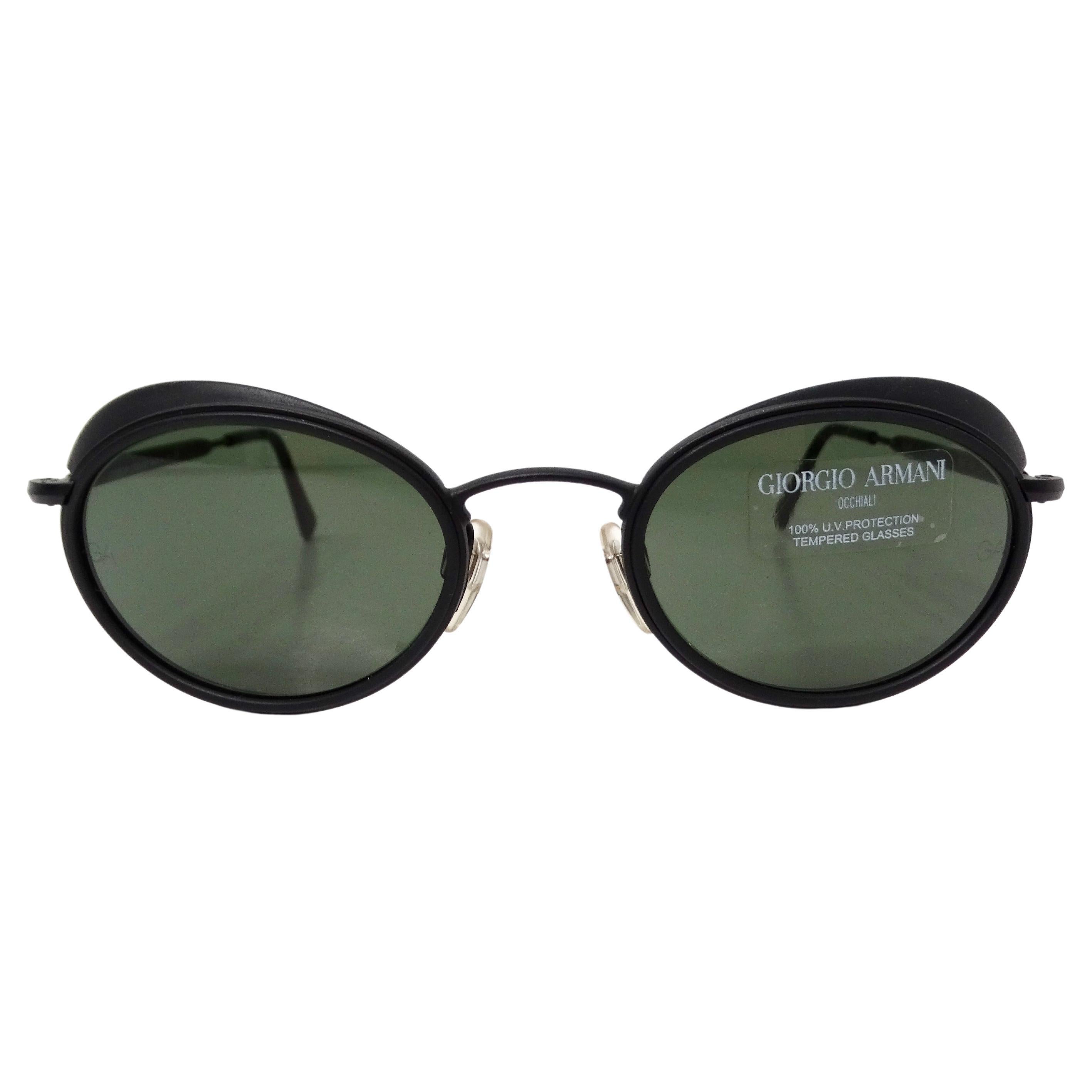 1990s Giorgio Armani Matte Black Oval Retro Frame Green Tinted Sunglasses For Sale