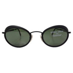 1990s Giorgio Armani Matte Black Oval Retro Frame Green Tinted Sunglasses