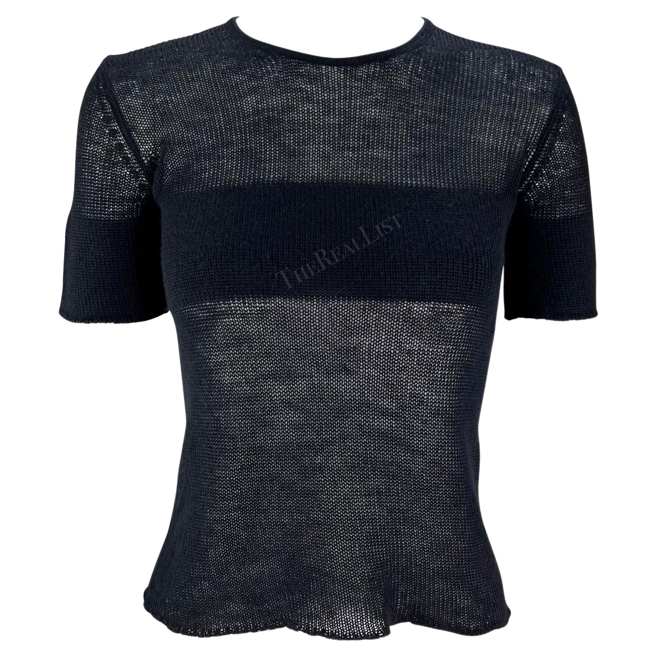 1990s Giorgio Armani Sheer Black Knit Cashmere Sweater Short Sleeve Top For Sale
