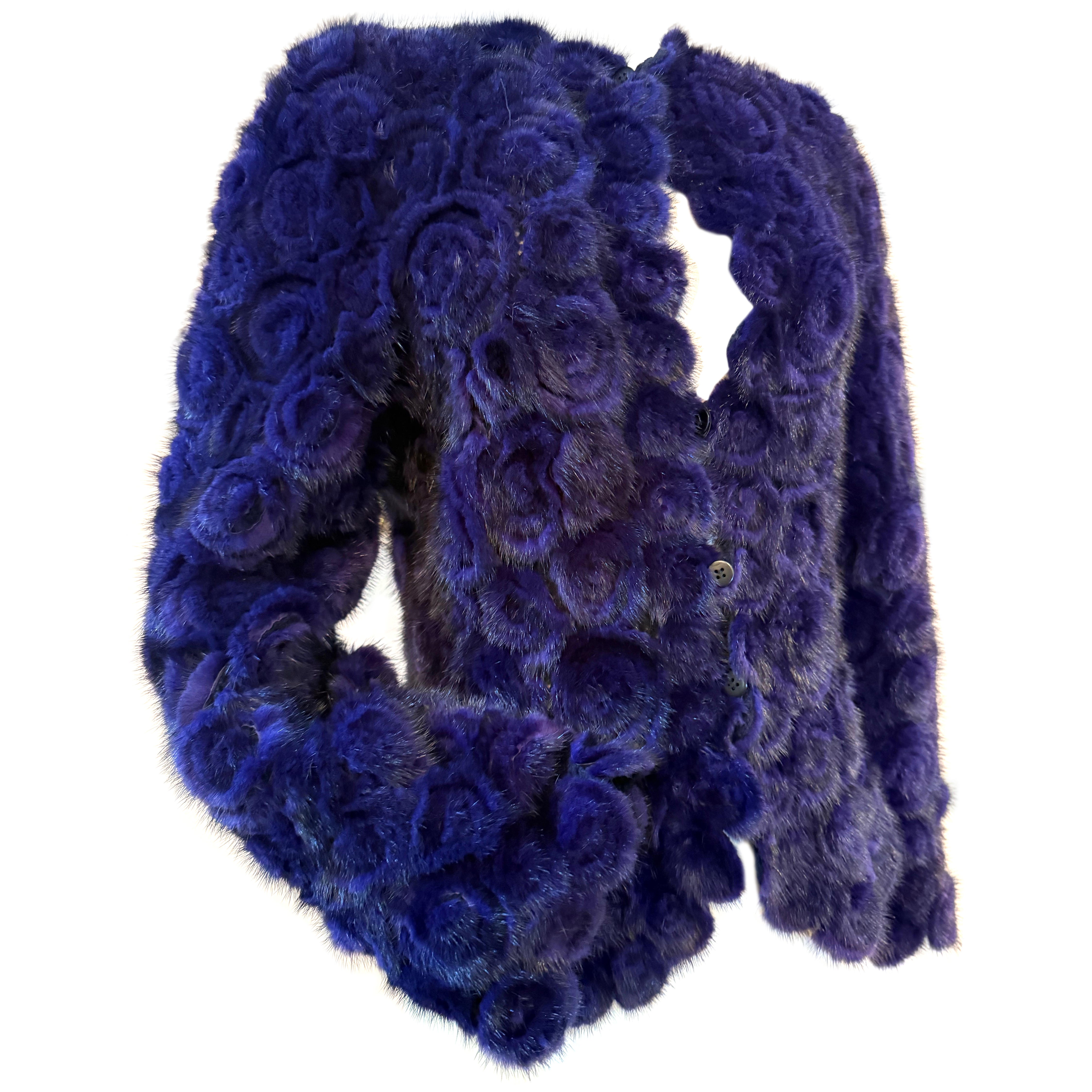 1990s Giorgio Armani Wool Knit Sweater w Amethyst Mink Fur Whorled Spirals