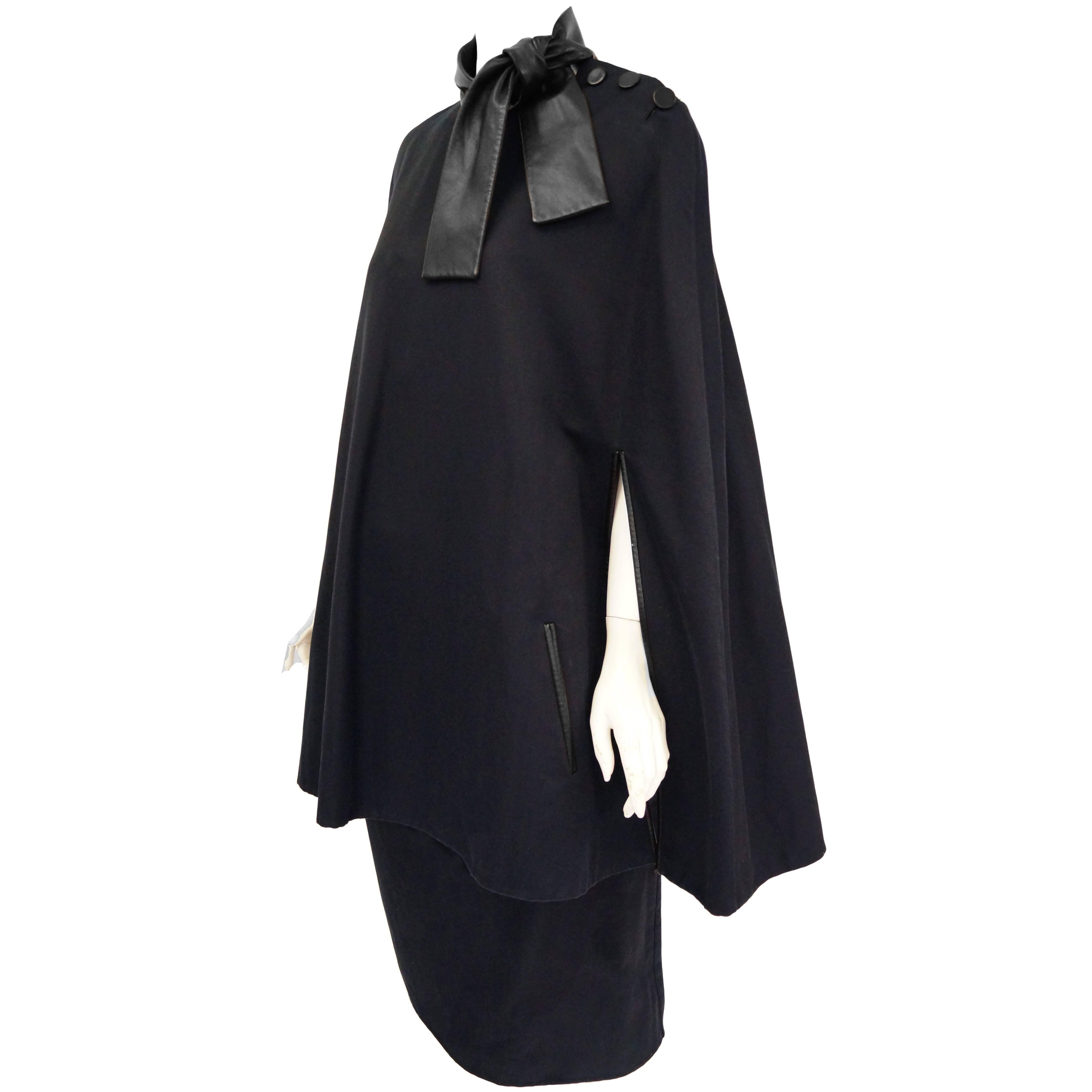 1990s Givenchy by Galliano Navy Leather and Wool Cape Ensemble For Sale