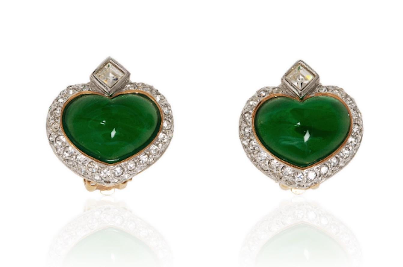 Round Cut 1990s Glass Heart & Gold Plated Crystal Earrings For Sale