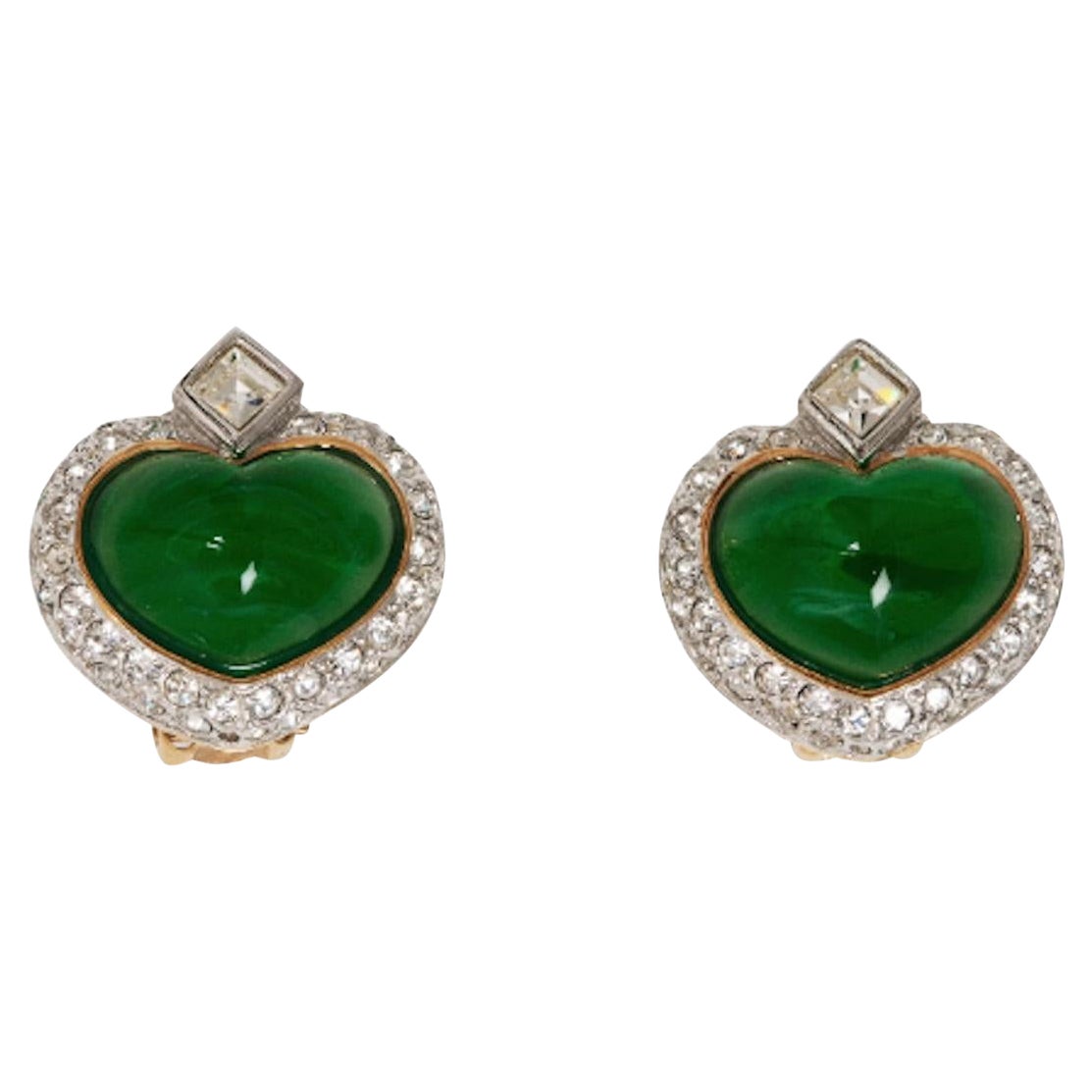 1990 Boucles d'oreilles cœur en verre et cristal plaqué or