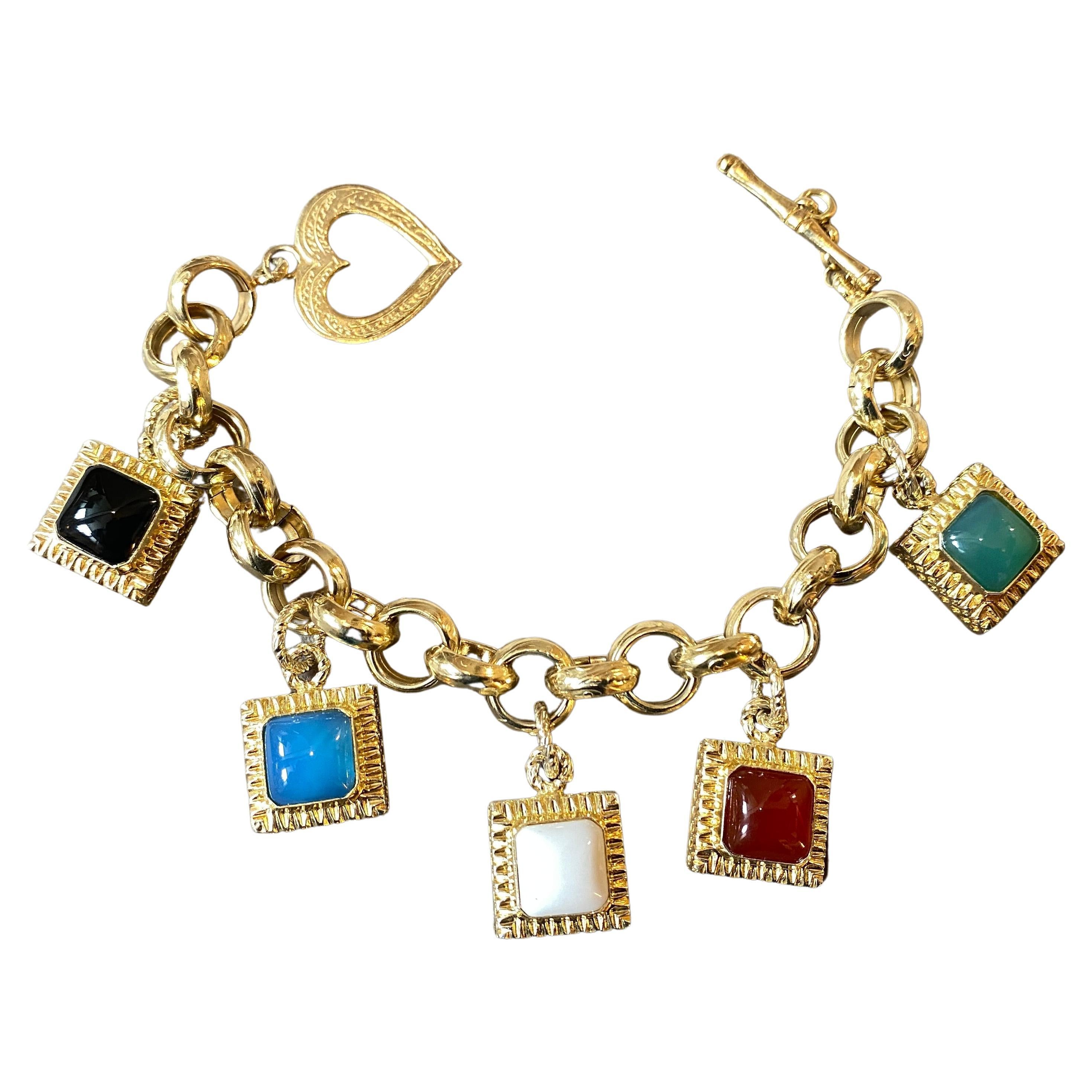 1990s Glided Sterling Silver and Semi Precious Stones Italian Charm Bracelet For Sale