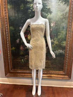 1990s Gold Beaded Lace NWOT Strapless Bridal Cocktail Dress