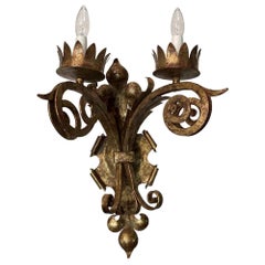 2000s Gold Gilt Over Wrought Iron Gothic Wall Sconce