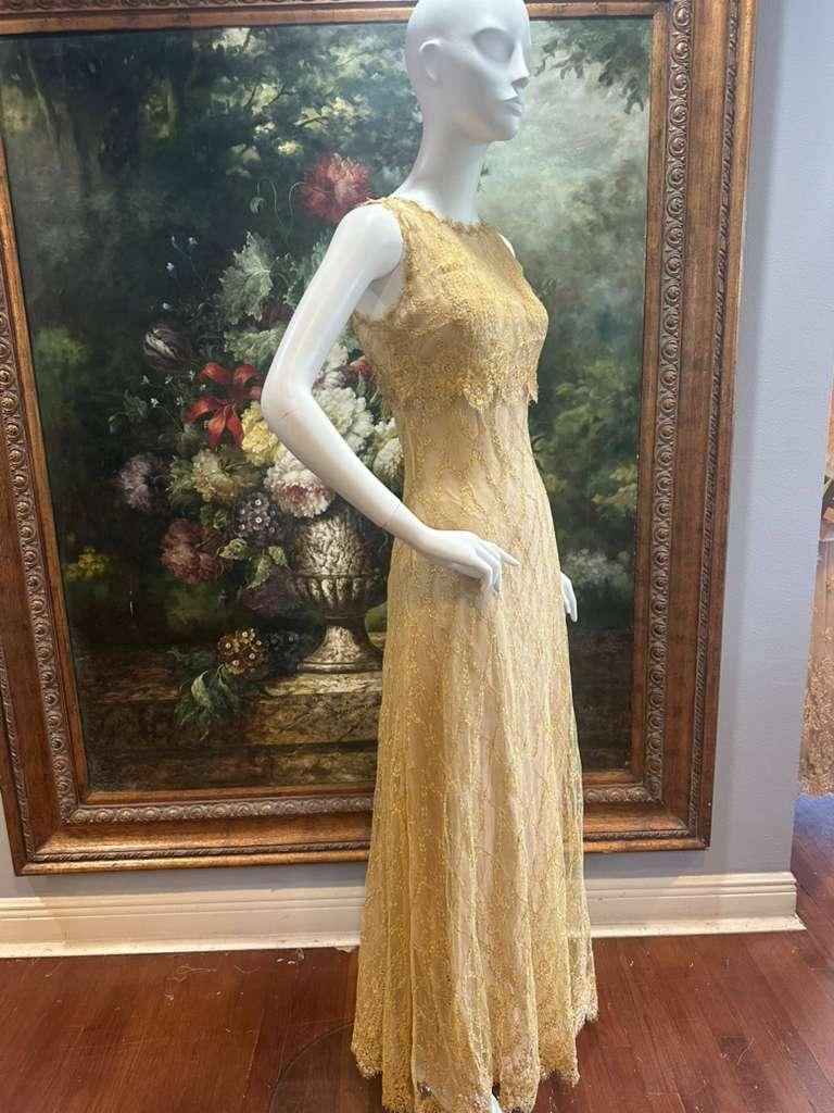 1990s Gold Metallic Lace Vintage Bridal Lined With Silk Charmeuse Gown