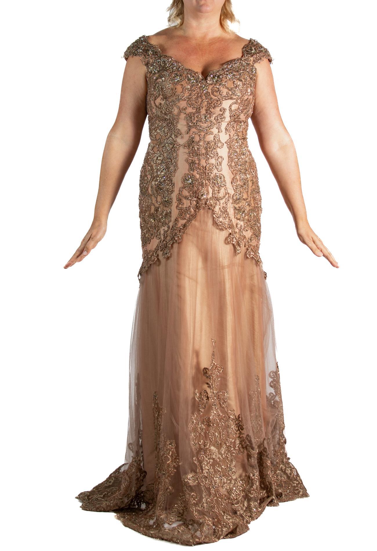 1990S Golden Brown Beaded Gown In Excellent Condition For Sale In New York, NY