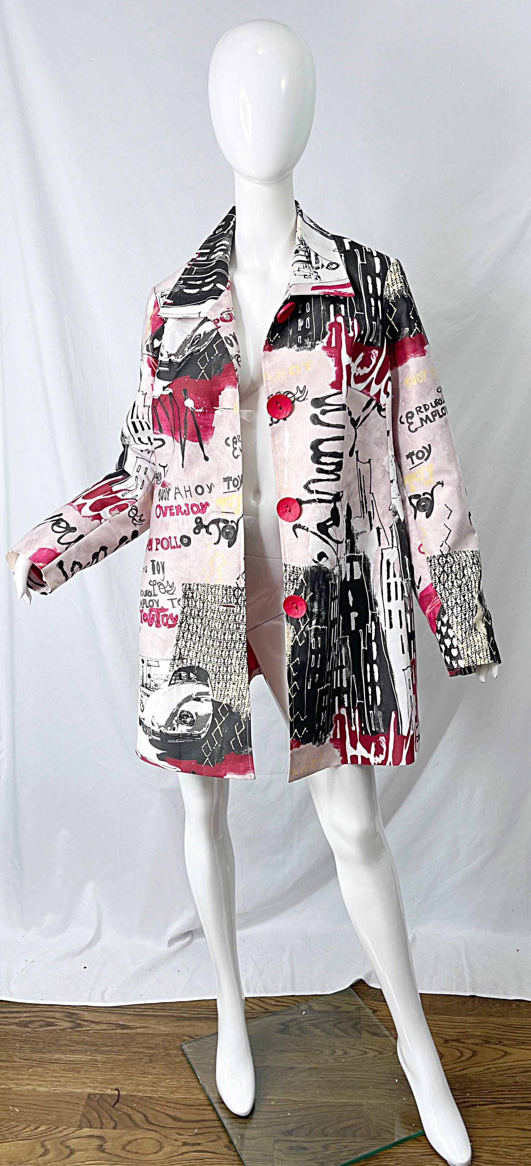 1990s Graffiti XL Novelty Print Red + Black + White Vintage 90s Trench Jacket  For Sale 4