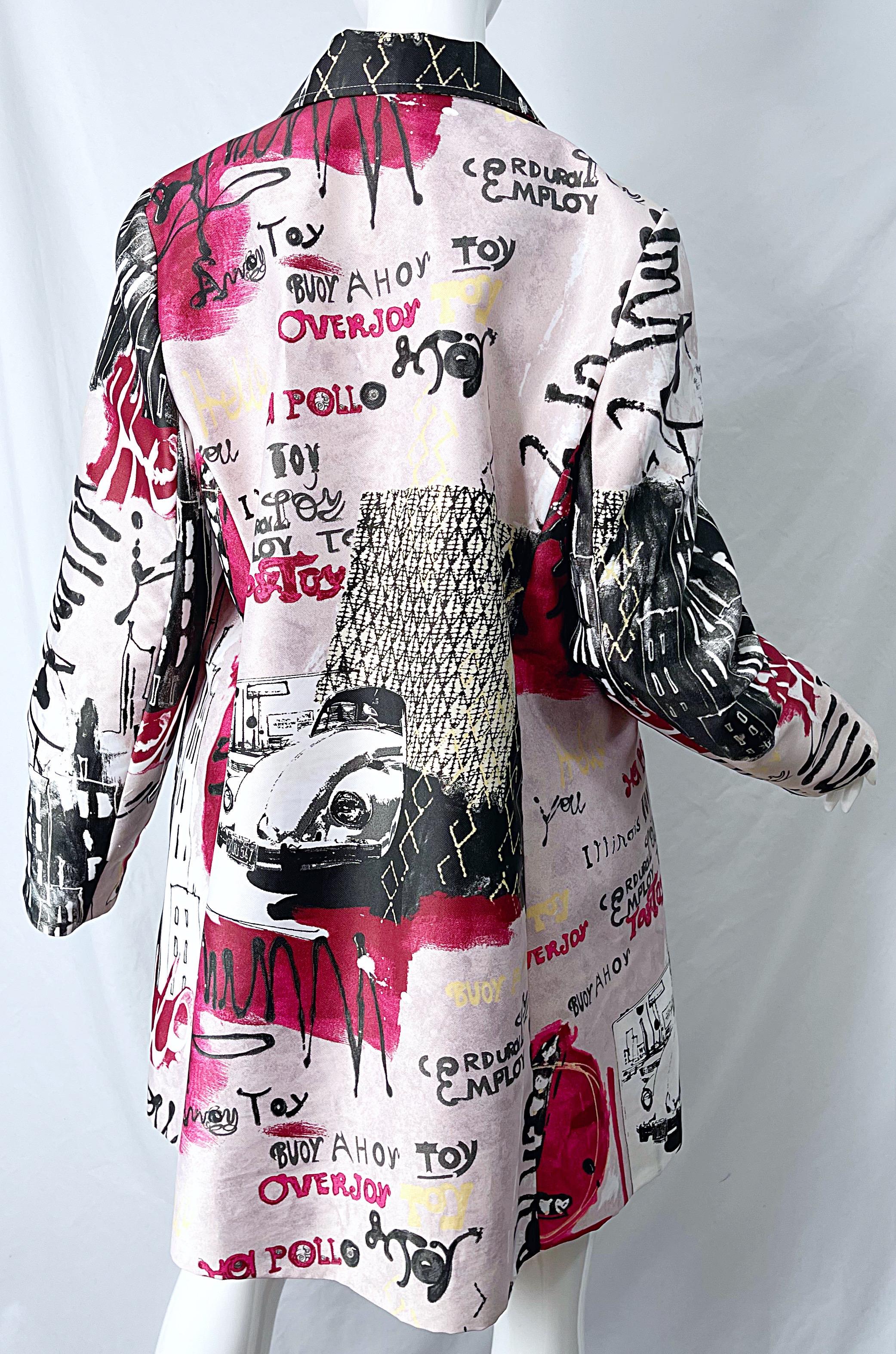 1990s Graffiti XL Novelty Print Red + Black + White Vintage 90s Trench Jacket  For Sale 5