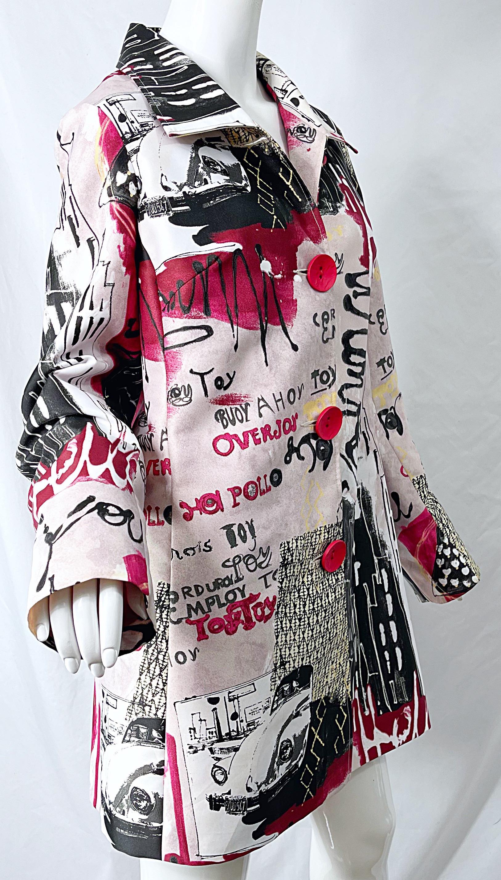 1990s Graffiti XL Novelty Print Red + Black + White Vintage 90s Trench Jacket  For Sale 6