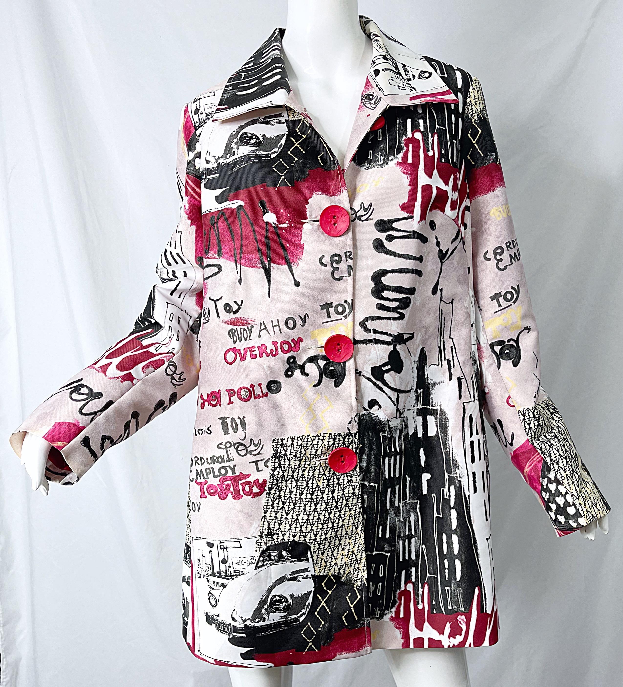 1990s Graffiti XL Novelty Print Red + Black + White Vintage 90s Trench Jacket  For Sale 7