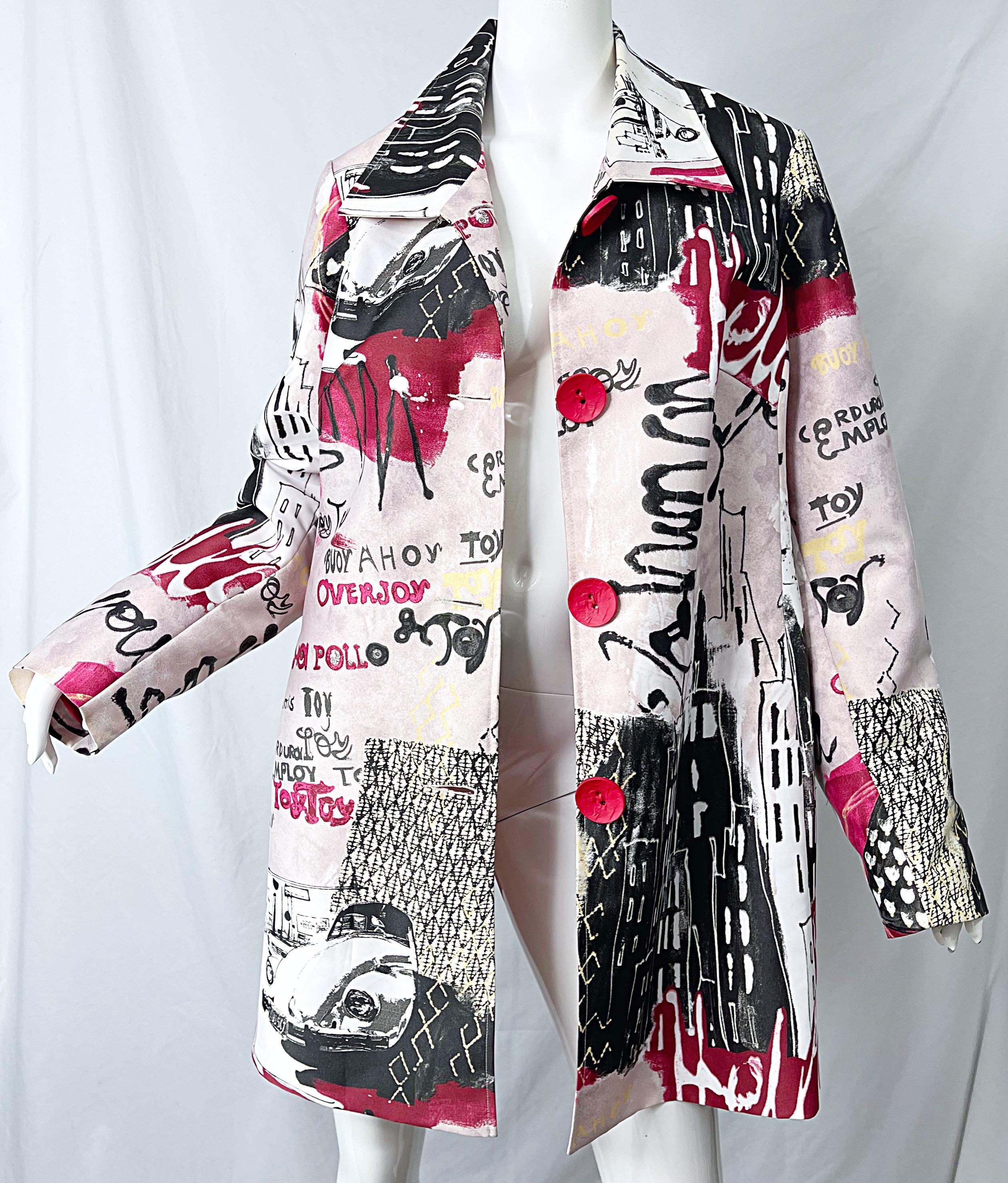 1990s Graffiti XL Novelty Print Red + Black + White Vintage 90s Trench Jacket  For Sale 10