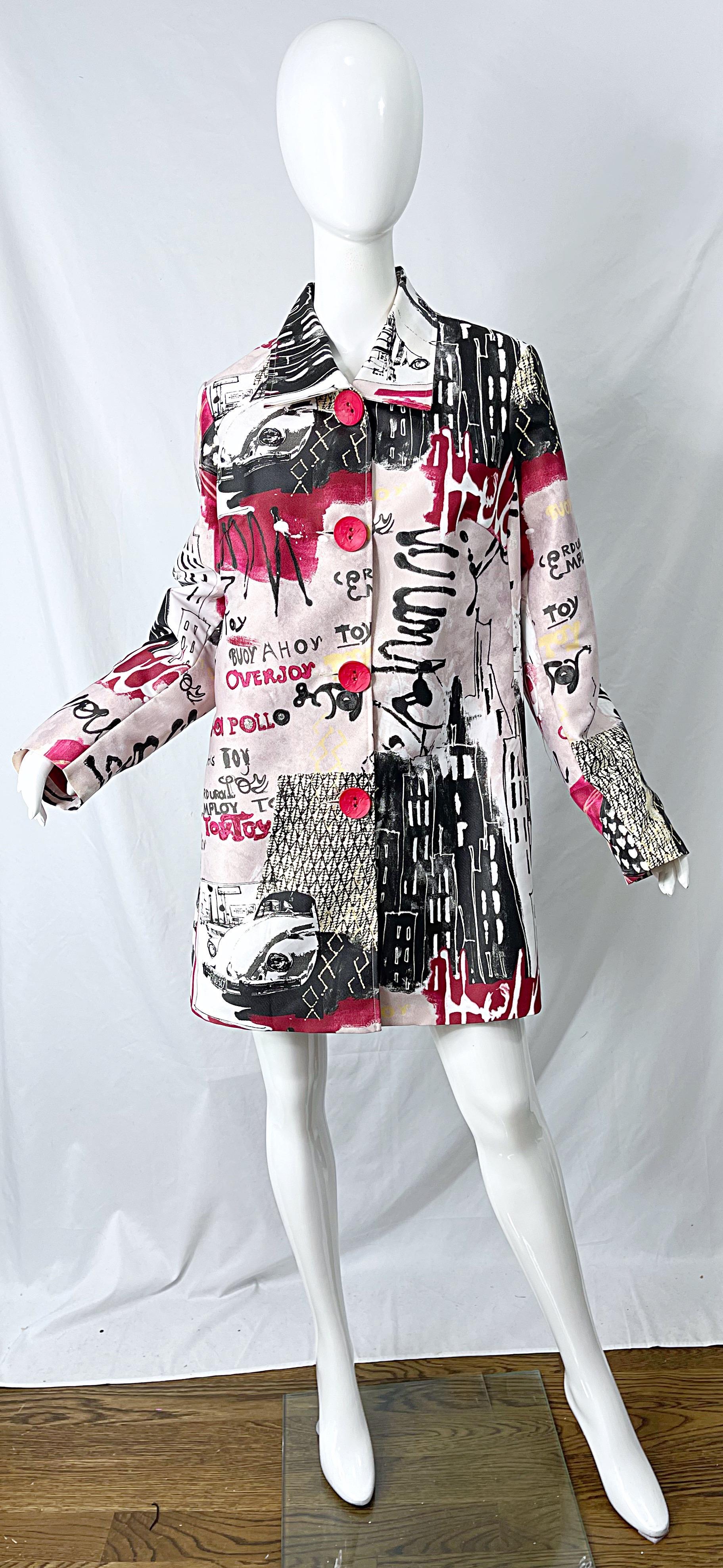 1990s Graffiti XL Novelty Print Red + Black + White Vintage 90s Trench Jacket  For Sale 11