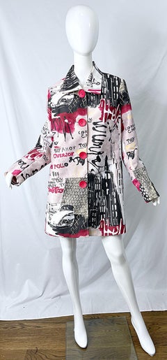 1990s Graffiti XL Novelty Print Red + Black + White Vintage 90s Trench Jacket