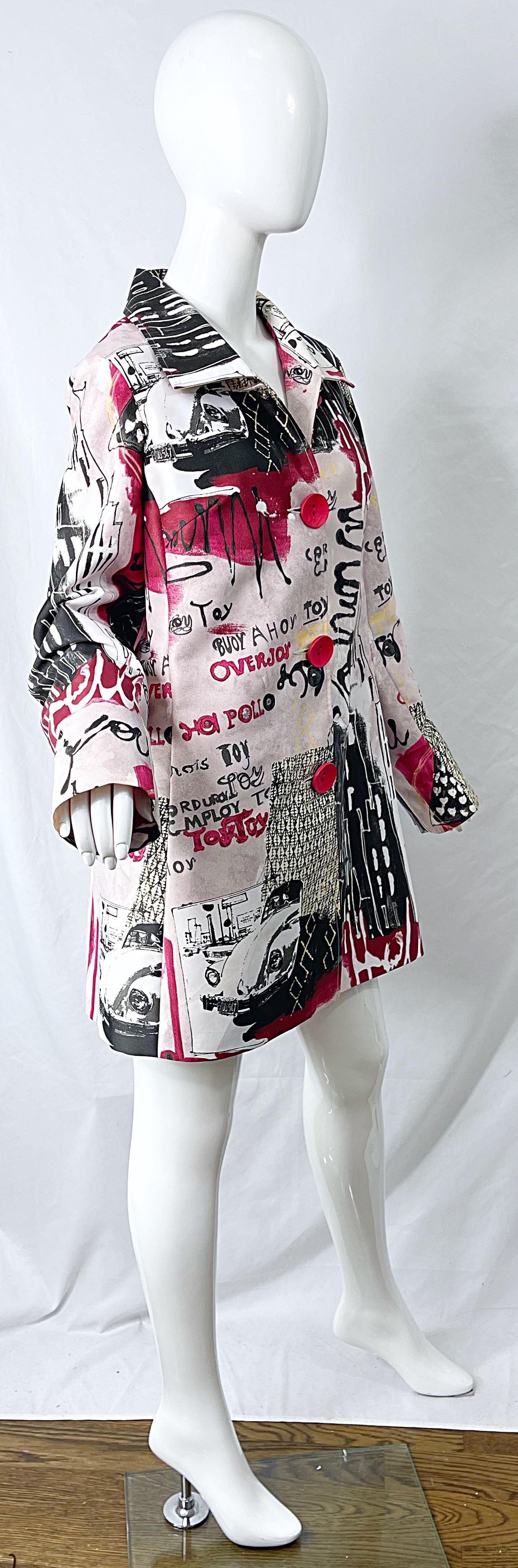 Gray 1990s Graffiti XL Novelty Print Red + Black + White Vintage 90s Trench Jacket  For Sale