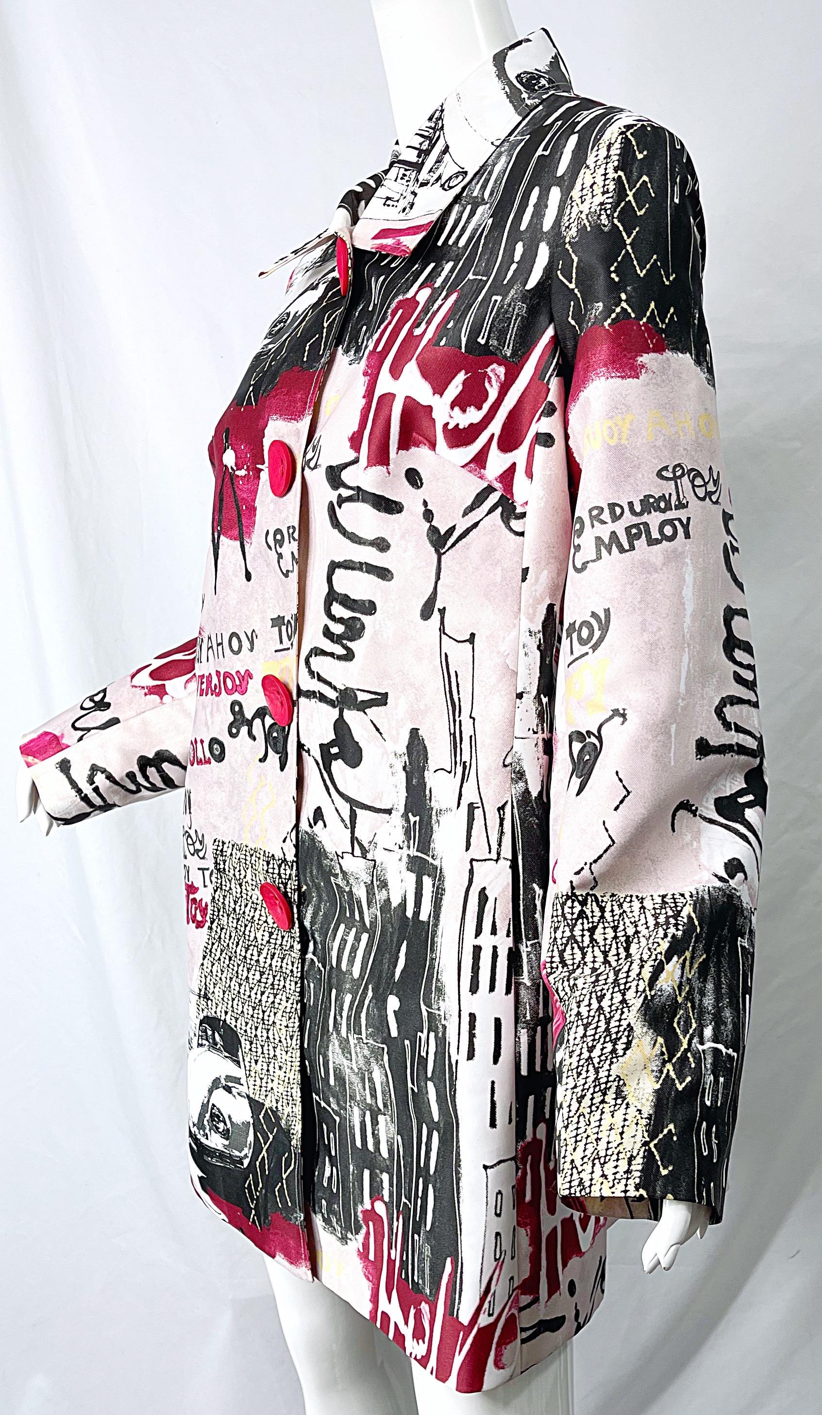 1990s Graffiti XL Novelty Print Red + Black + White Vintage 90s Trench Jacket  In Excellent Condition For Sale In San Diego, CA