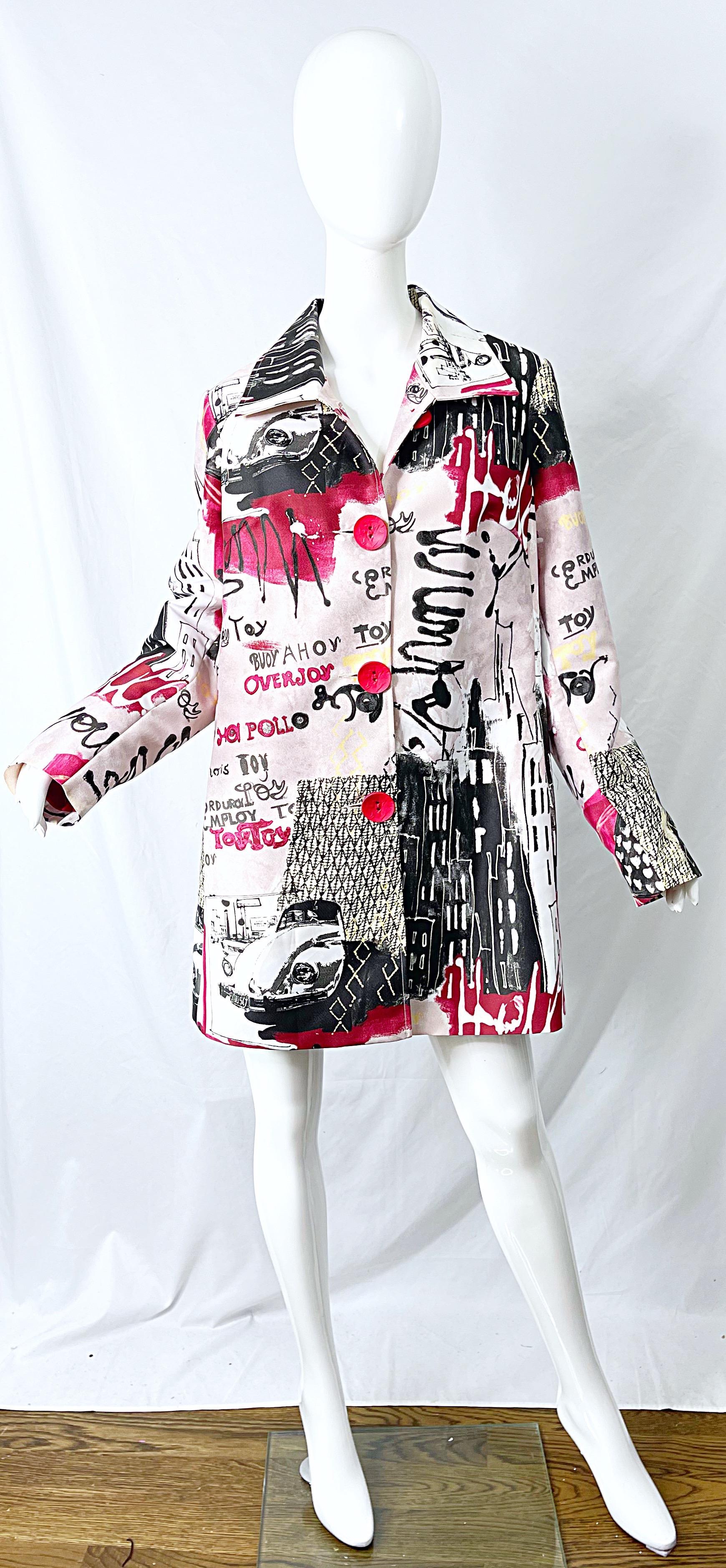 Women's 1990s Graffiti XL Novelty Print Red + Black + White Vintage 90s Trench Jacket  For Sale