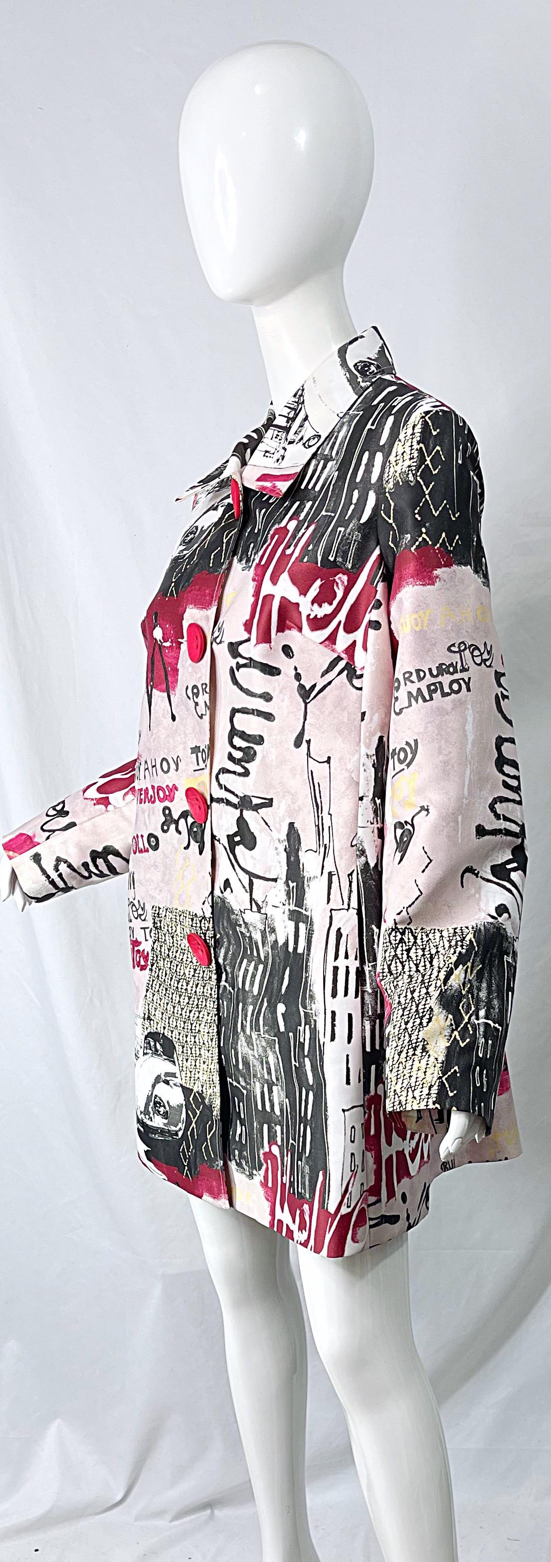 1990s Graffiti XL Novelty Print Red + Black + White Vintage 90s Trench Jacket  For Sale 1