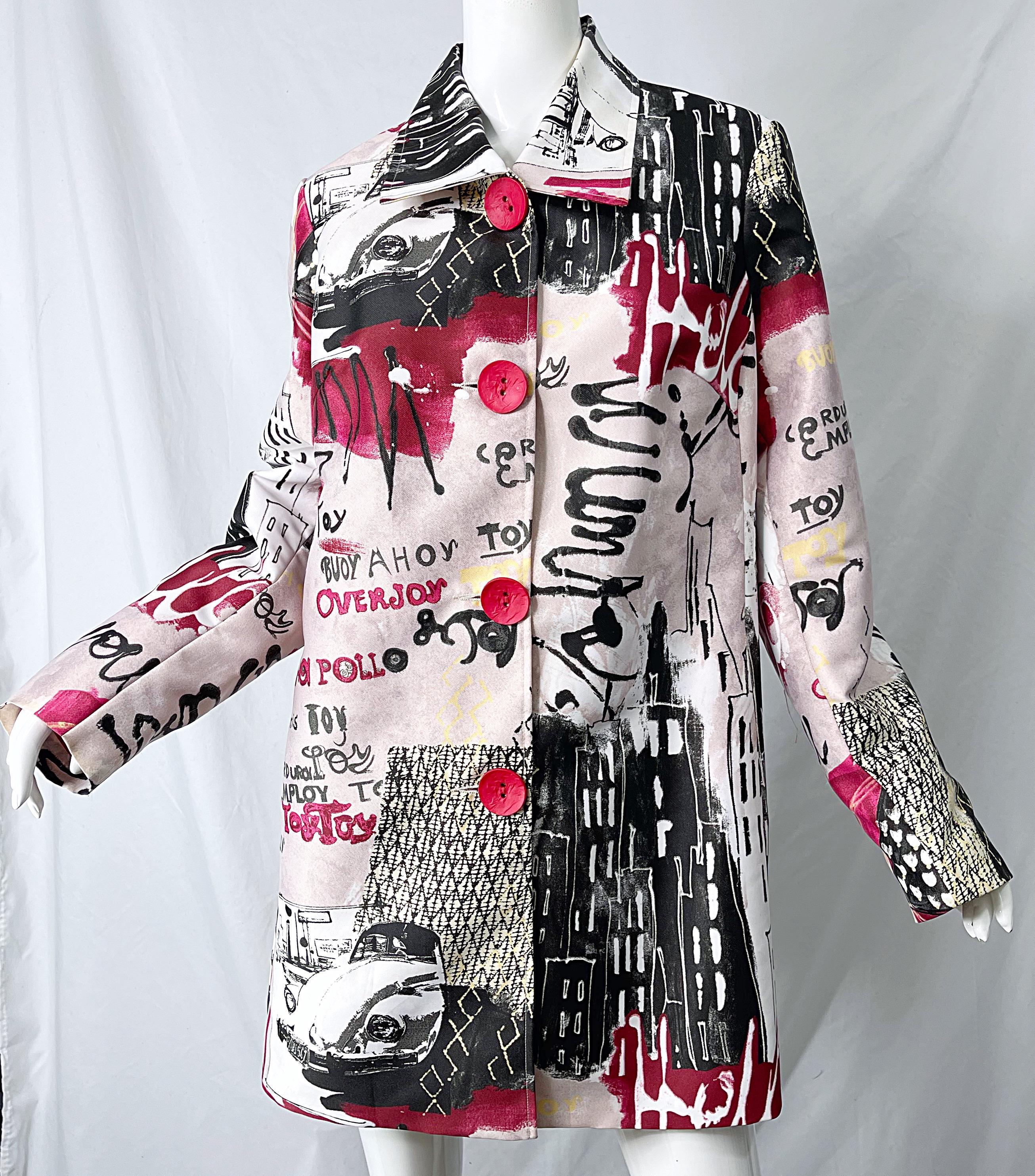 1990s Graffiti XL Novelty Print Red + Black + White Vintage 90s Trench Jacket  For Sale 2