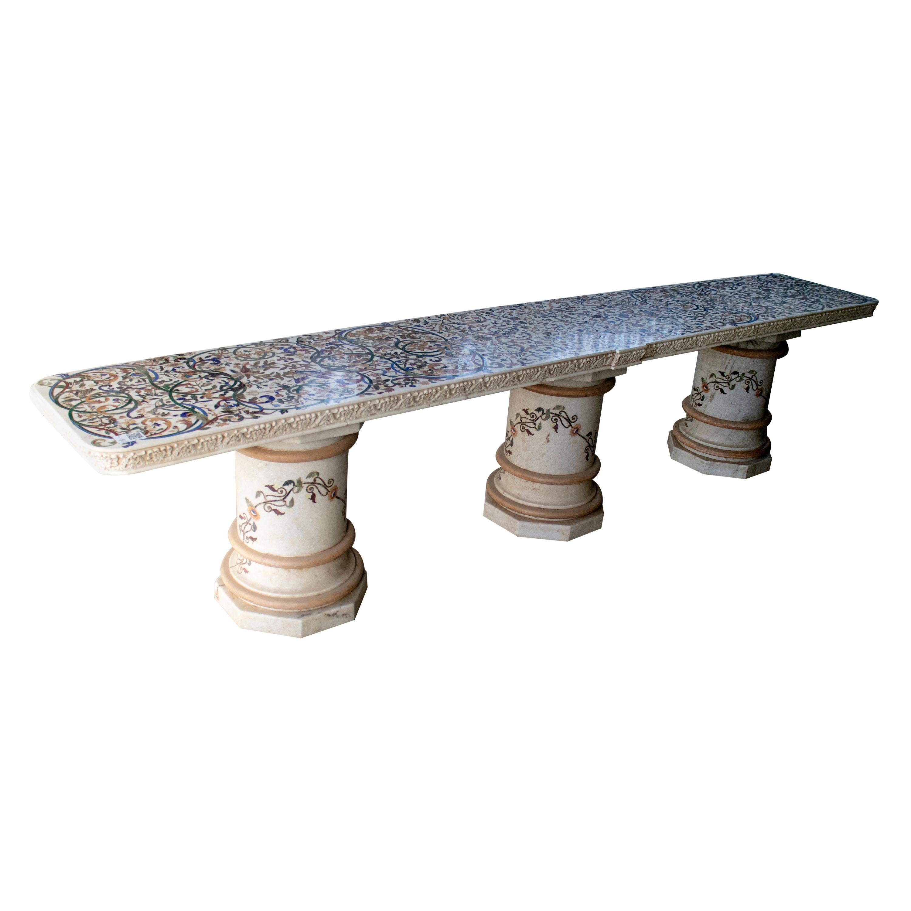 grande table console longue en marbre mosaïque incrusté de Pietre Dure des années 1990:: signée "Bebo"