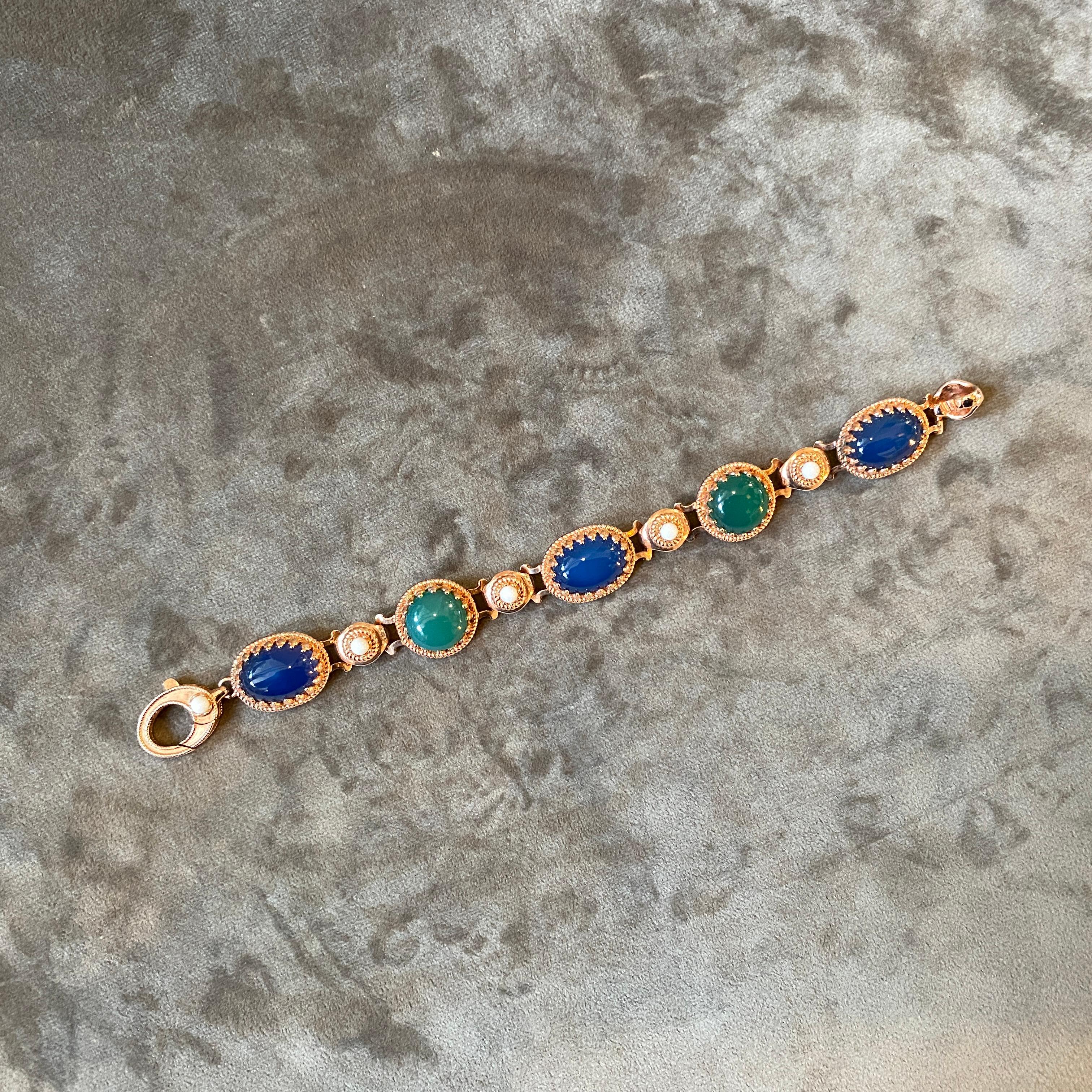 Retro 1990s Green and Blue Agate and Bronze Italian Bracelet by Anomis