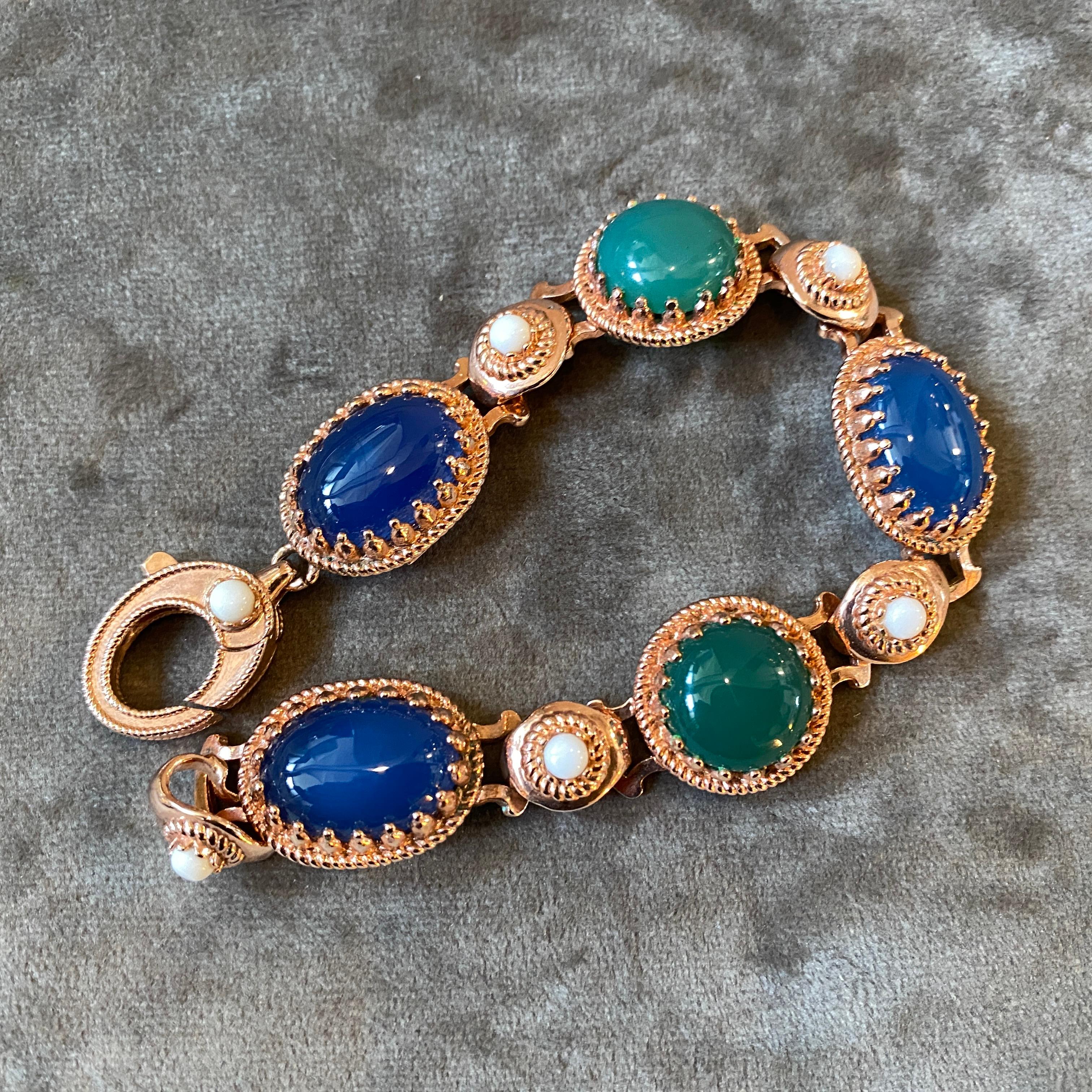 Cabochon 1990s Green and Blue Agate and Bronze Italian Bracelet by Anomis