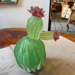 1990s Green Emerald and Amethyst Purple Murano Glass Flowering Cactus