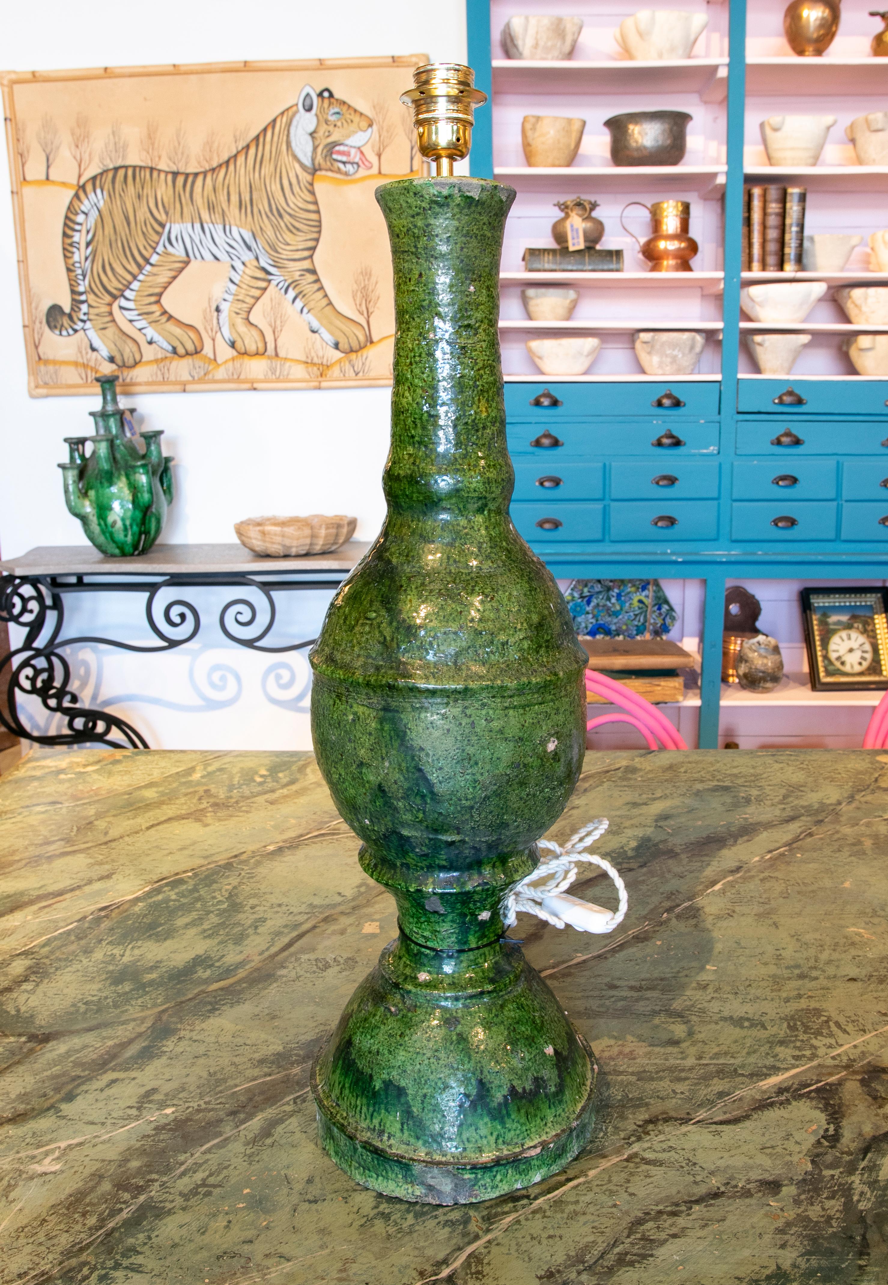 Spanish 1990s Green Glazed Ceramic Table Lamp