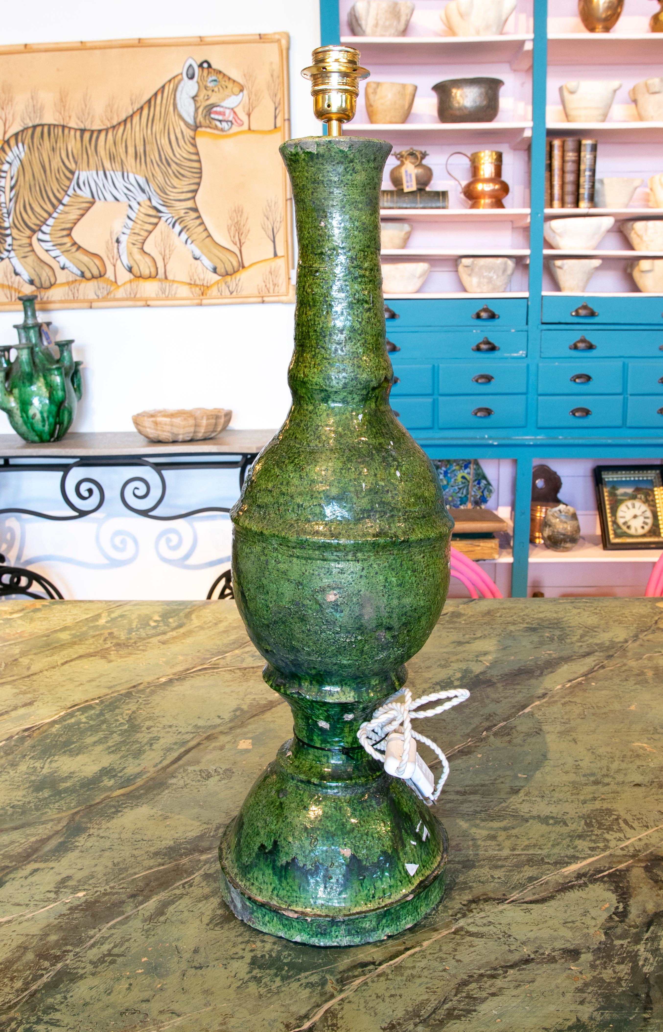 1990s Green Glazed Ceramic Table Lamp In Good Condition In Marbella, ES