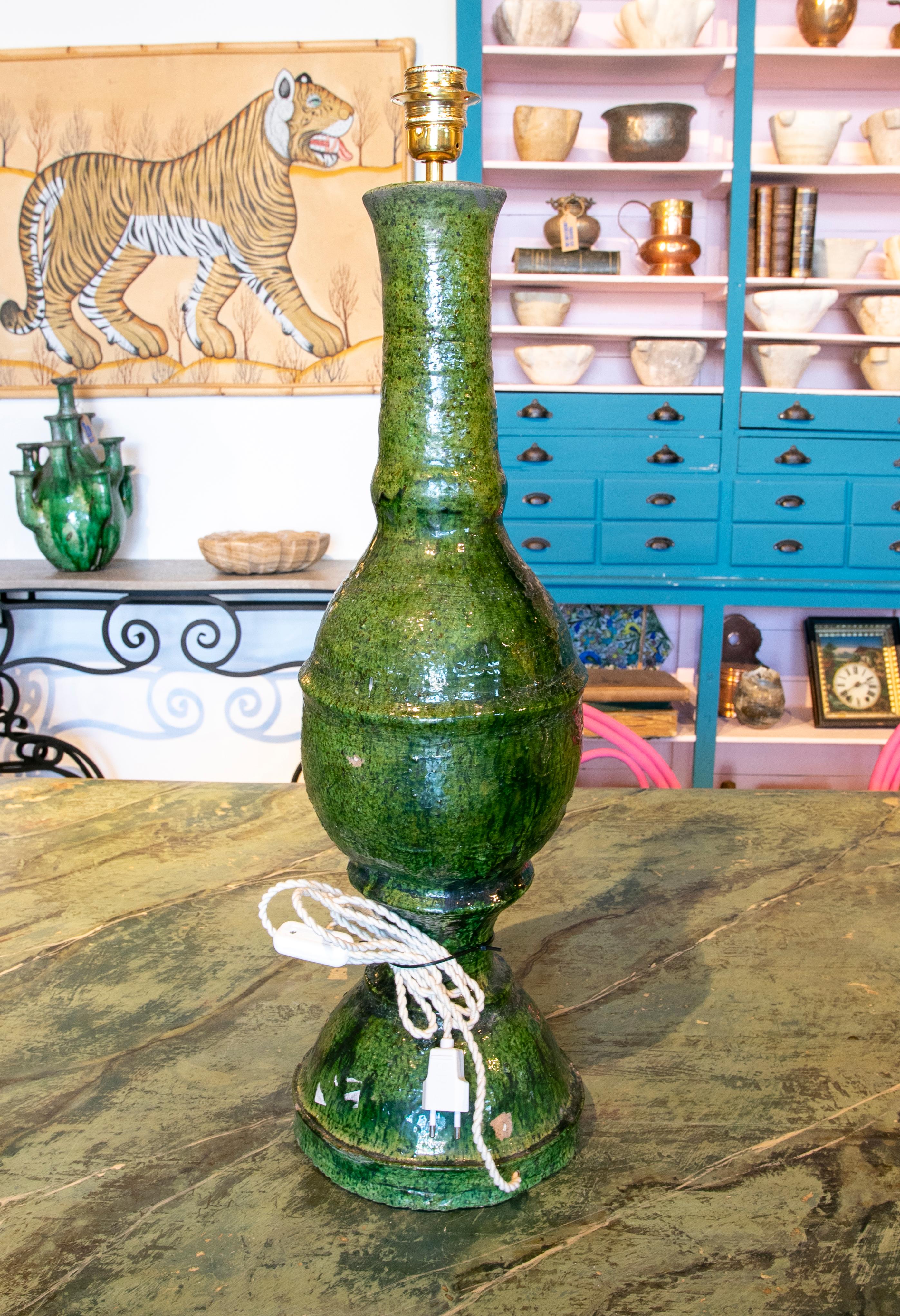 1990s Green Glazed Ceramic Table Lamp 1