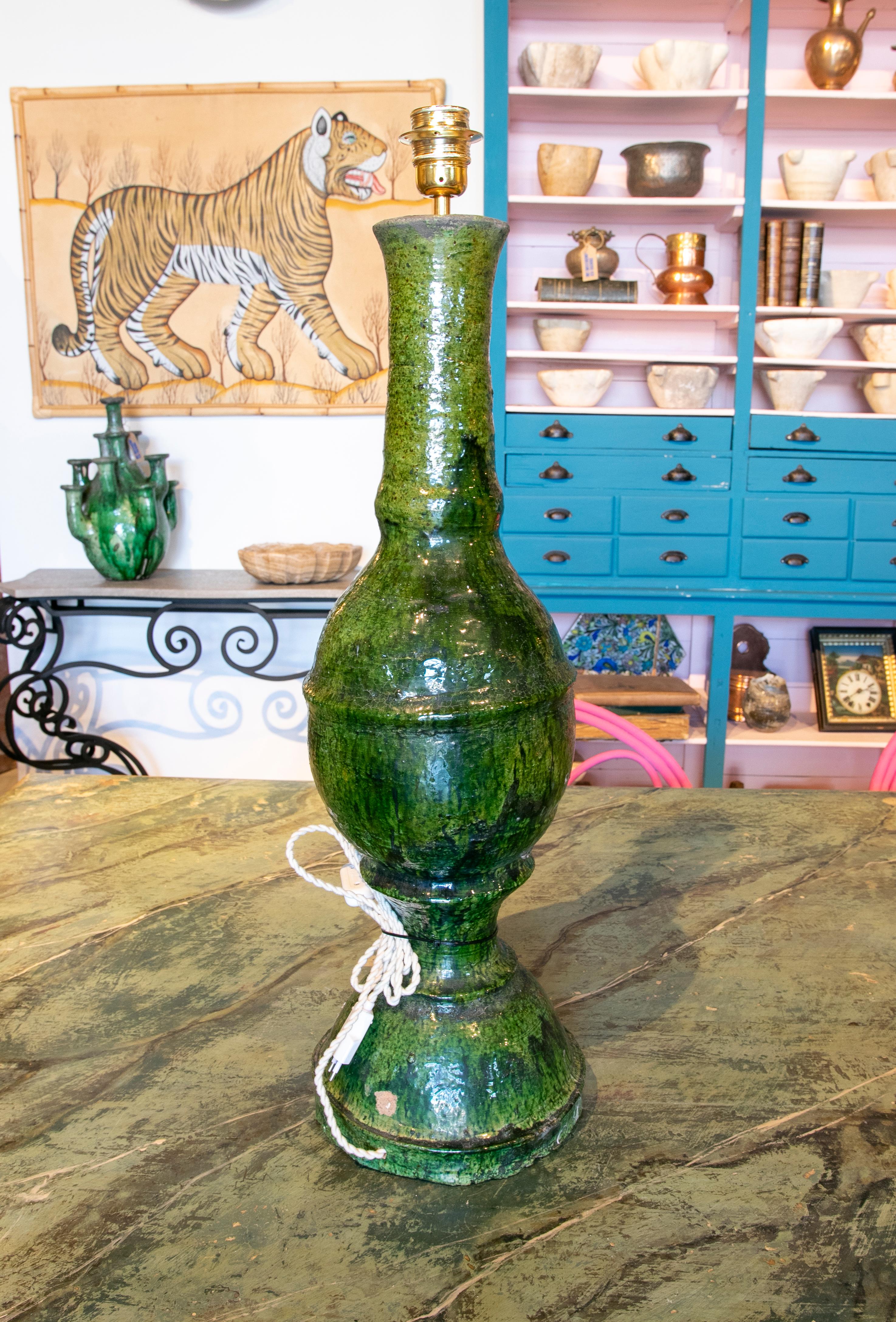1990s Green Glazed Ceramic Table Lamp 2