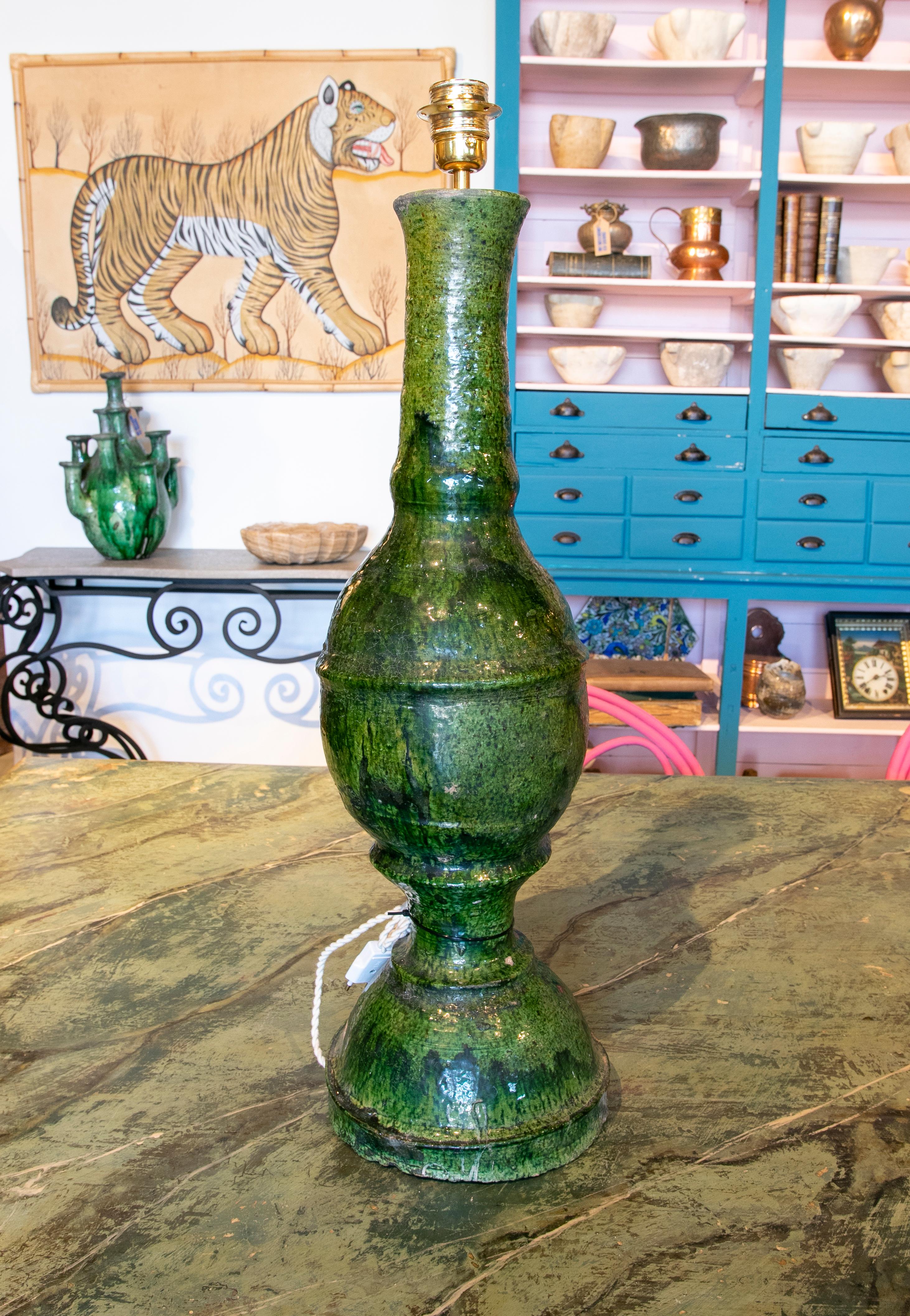 1990s Green Glazed Ceramic Table Lamp 3